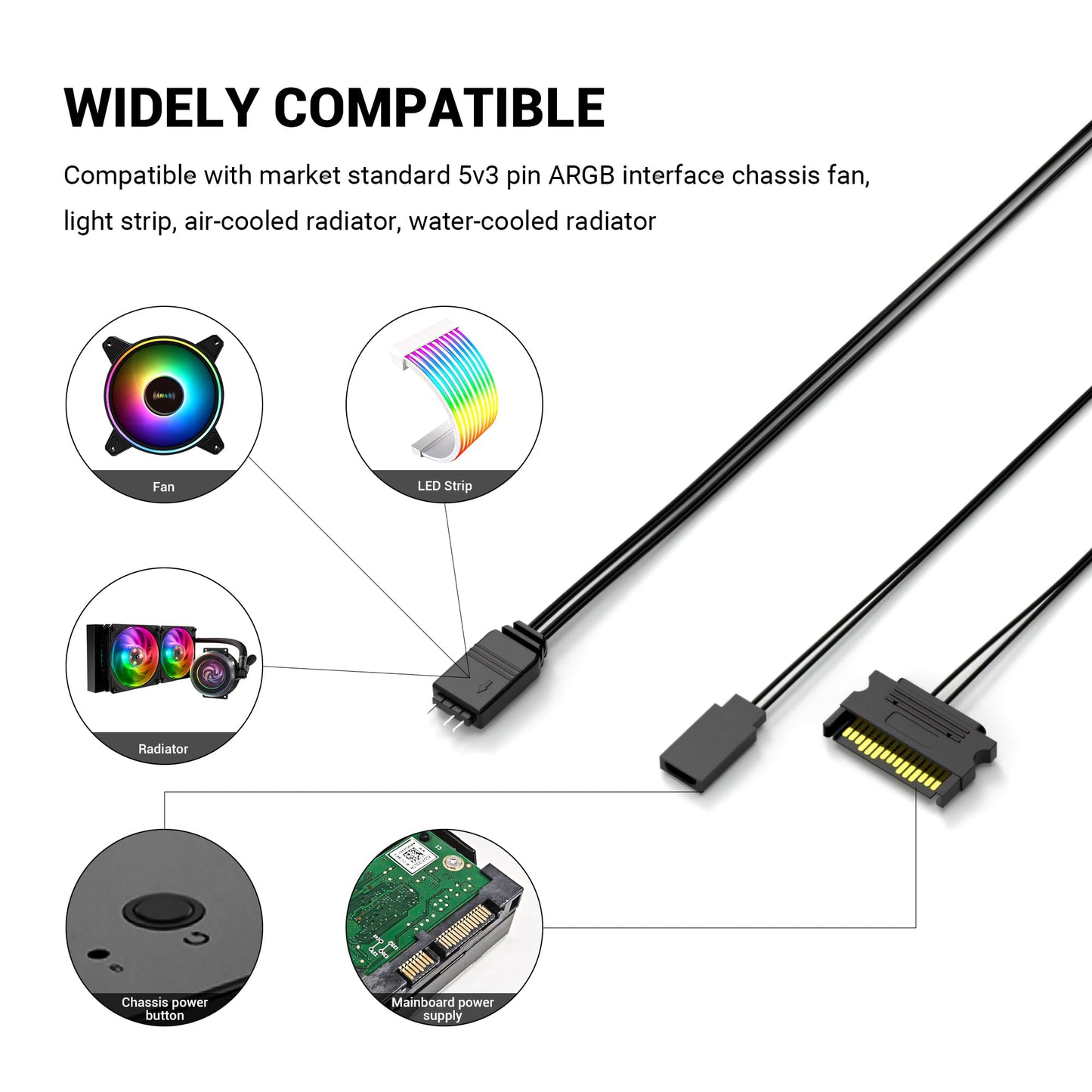 YIMATEECO ARGB Controller SATA Power Supply to 5V 3PIN ARGB Lighting Built-in Light Mode Manually Reset-Controller Cable for PC Chassis Fans, Light