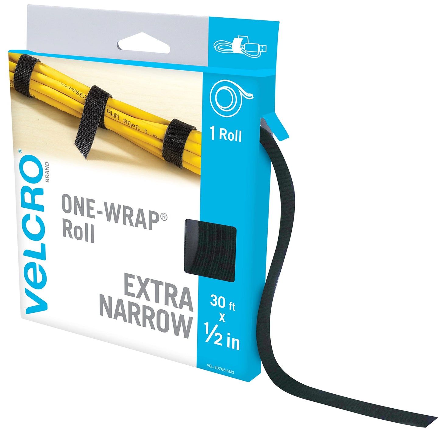 VELCRO Brand VEL-30765-AMS Extra Narrow Straps 1/2 in x 30ft Roll | Cut to Length Reusable Self-Gripping Tape | Organize and Bundle Electric Cords