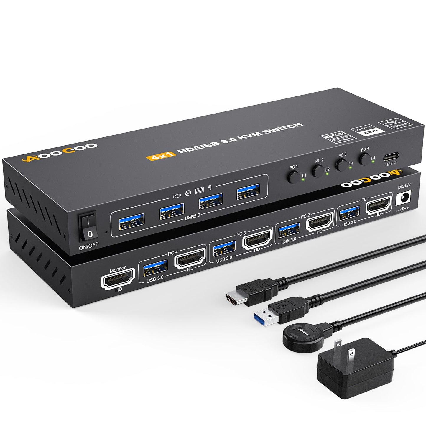 KVM Switch HDMI 4K@60Hz,KVM Switches for 4 Computers Share 1 Monitor and 4 USB3.0 Devices with Simulation EDID,Wired Remote and USB Cables, Power