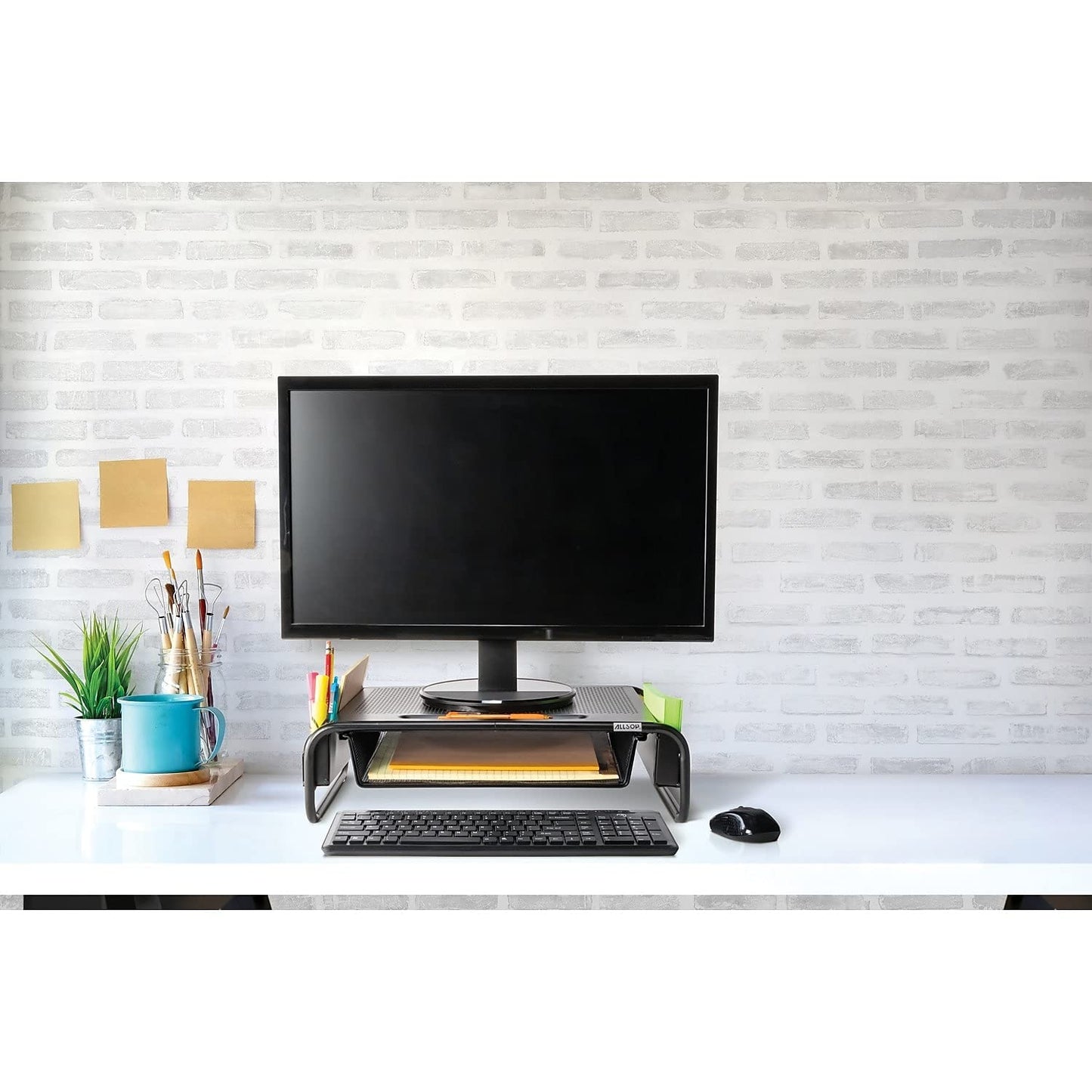 Allsop 32166 Metal Art Organizer 5 Riser Monitor Stand with Drawer and Side Caddies, Black