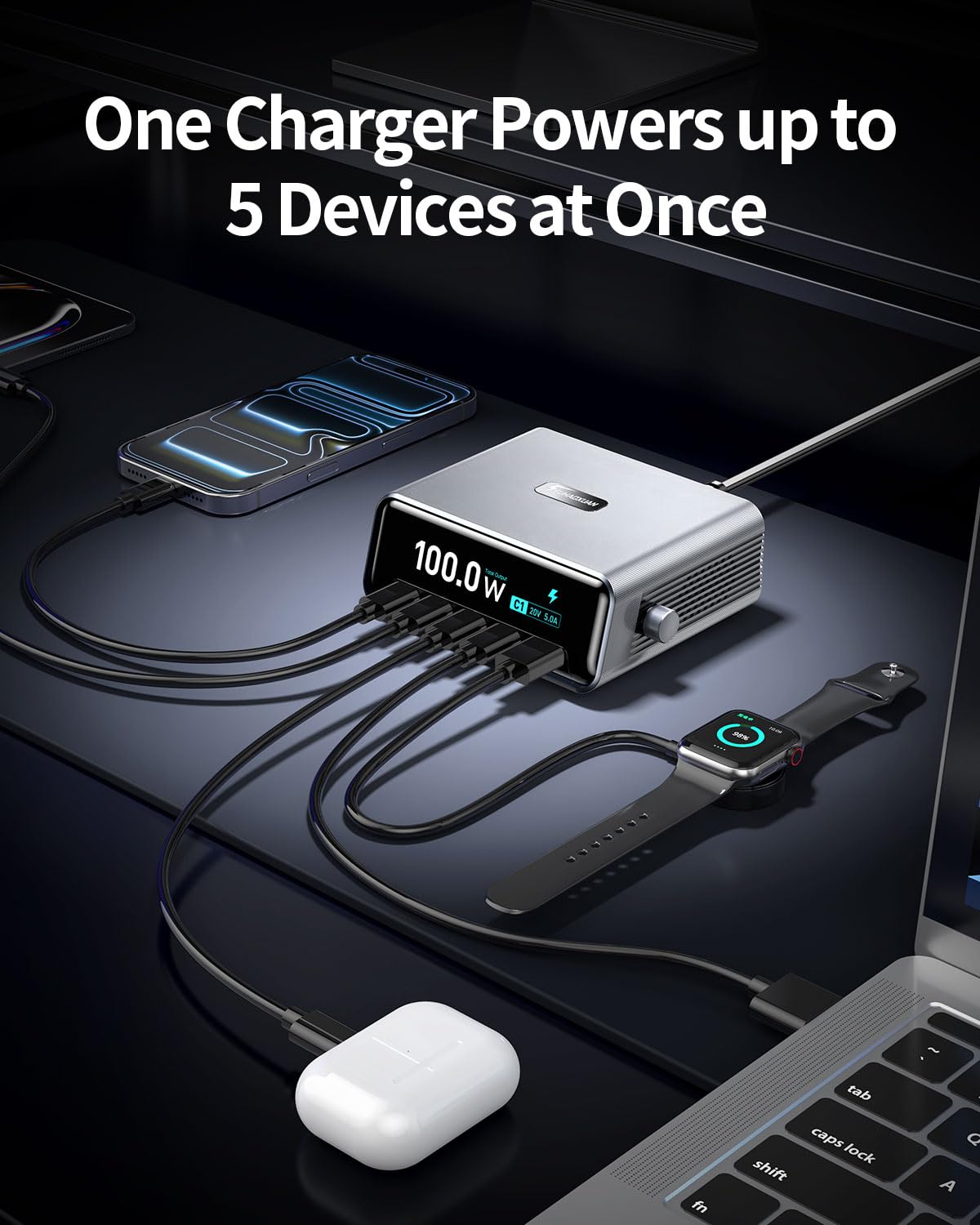 100W 5-Port GaN USB C Charging Station with LCD Smart Display & Control Knob, Desktop Fast Charger for Multiple Devices, Compatible with MacBook
