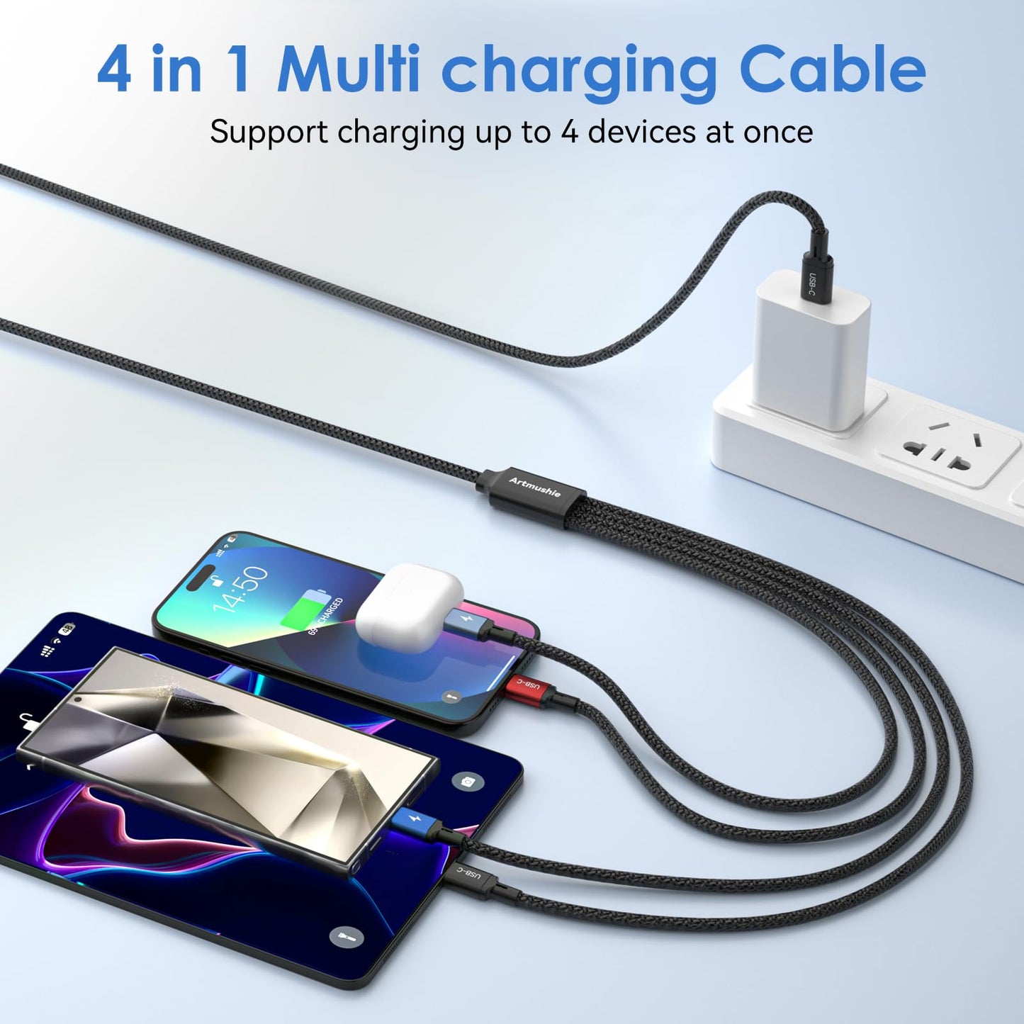 Artmushie 4-in-1 Multi Charging Cable [2-Pack, 6.6ft] - USB-C to USB-C, Lightning & Micro USB with Dual USB-C,Charger Cord for iPhone 14/15/16/17