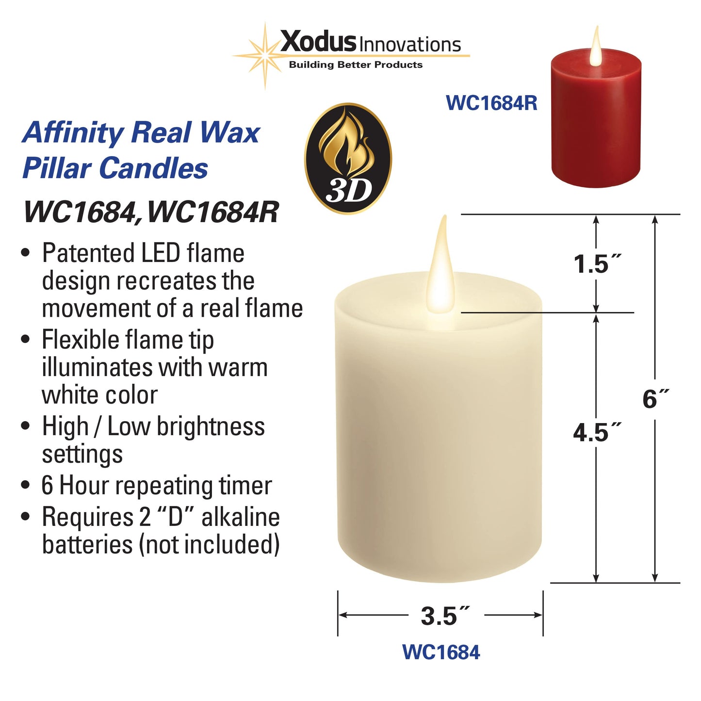 Xodus Innovations WC1684 4 inch Flameless Battery Operated LED Wax Pillar Candle with Automatic Timer and Warm White 3D Flickering Flame, Ivory
