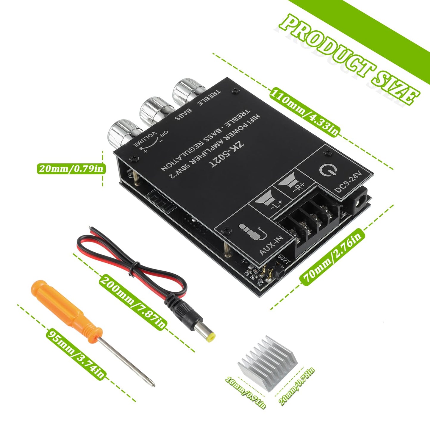 EPLZON 50W+50W Bluetooth Amplifier Board with Treble and Bass Control TPA3116D2 Chips DC 9-24V BT and AUX Inputs 2.0 Channel Stereo AMP Board for DIY