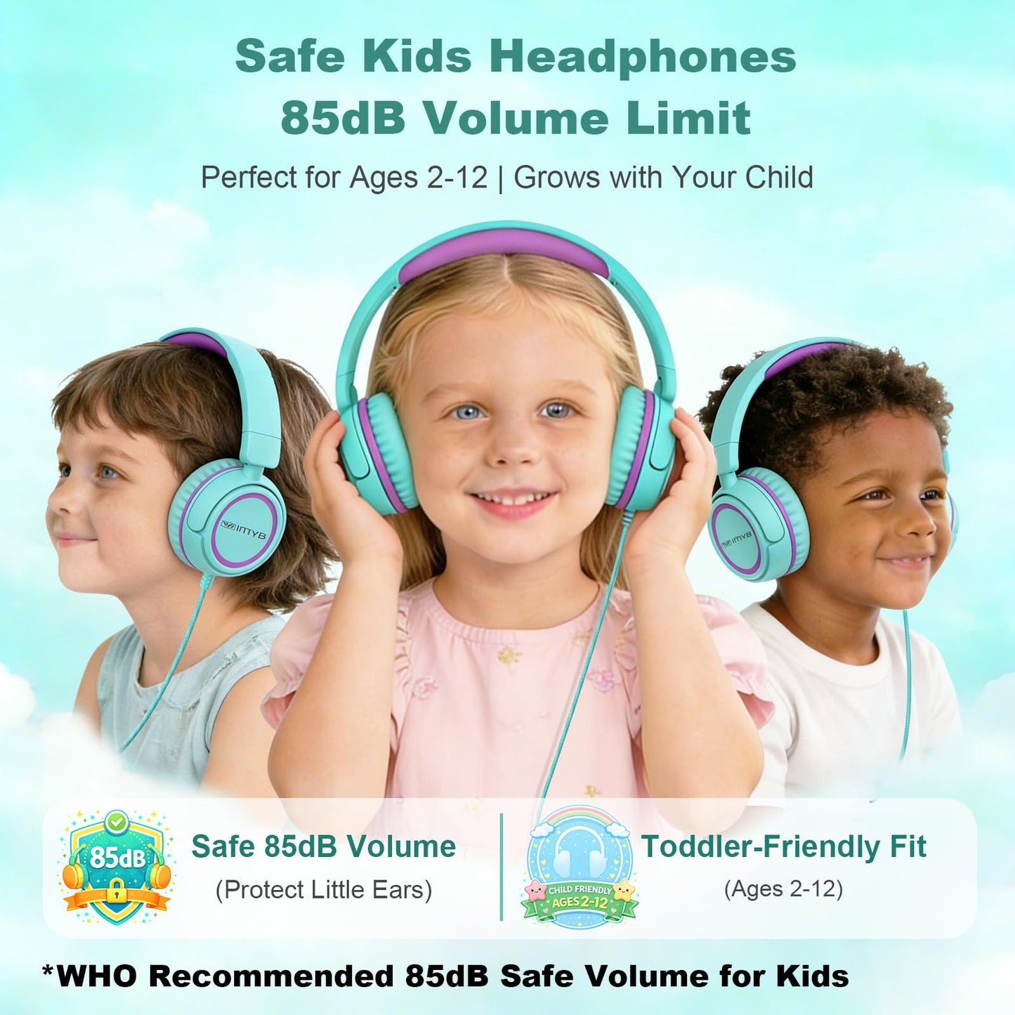 IMYB V1 Kids Headphones, 85dB Safe Volume for School, Toddler 2-12, Adjustable Foldable Durable Wired Cord, iPad Kindle Tablet Chromebook 3.5mm On-Ear