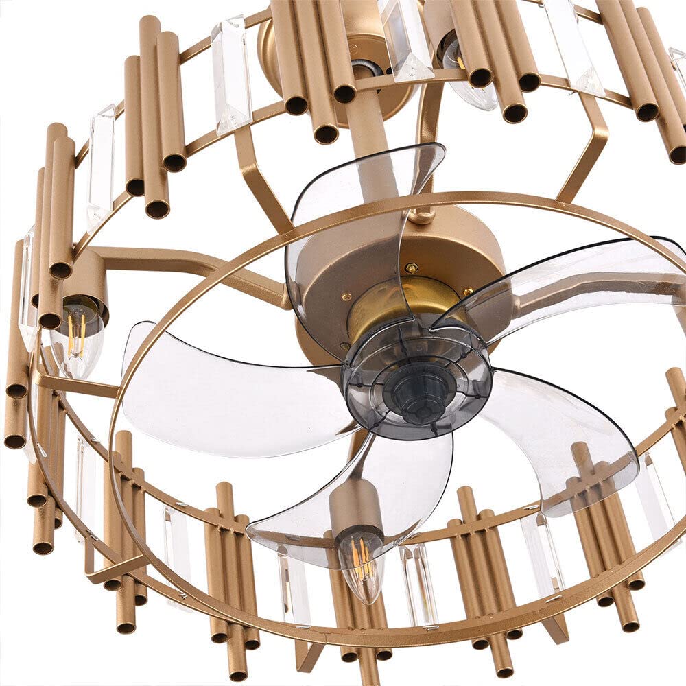 DRIKH 20" Ceiling Fan Light,Fixture Matte Gold Flush Mount Chandelier Lamp with Remote Control 3-Speed Wind Speed for Living Room Dining Room Bedroom