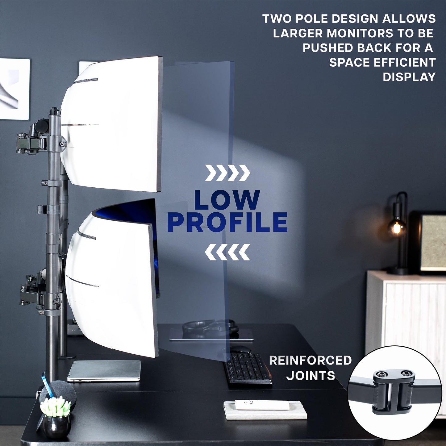 VIVO Clamp-on Double Pole Ultra Wide Monitor Desk Mount for 2 Utrawides up to 57 inches, 59.4 lbs Capacity Each, Low Profile Heavy Duty Vertical Dual