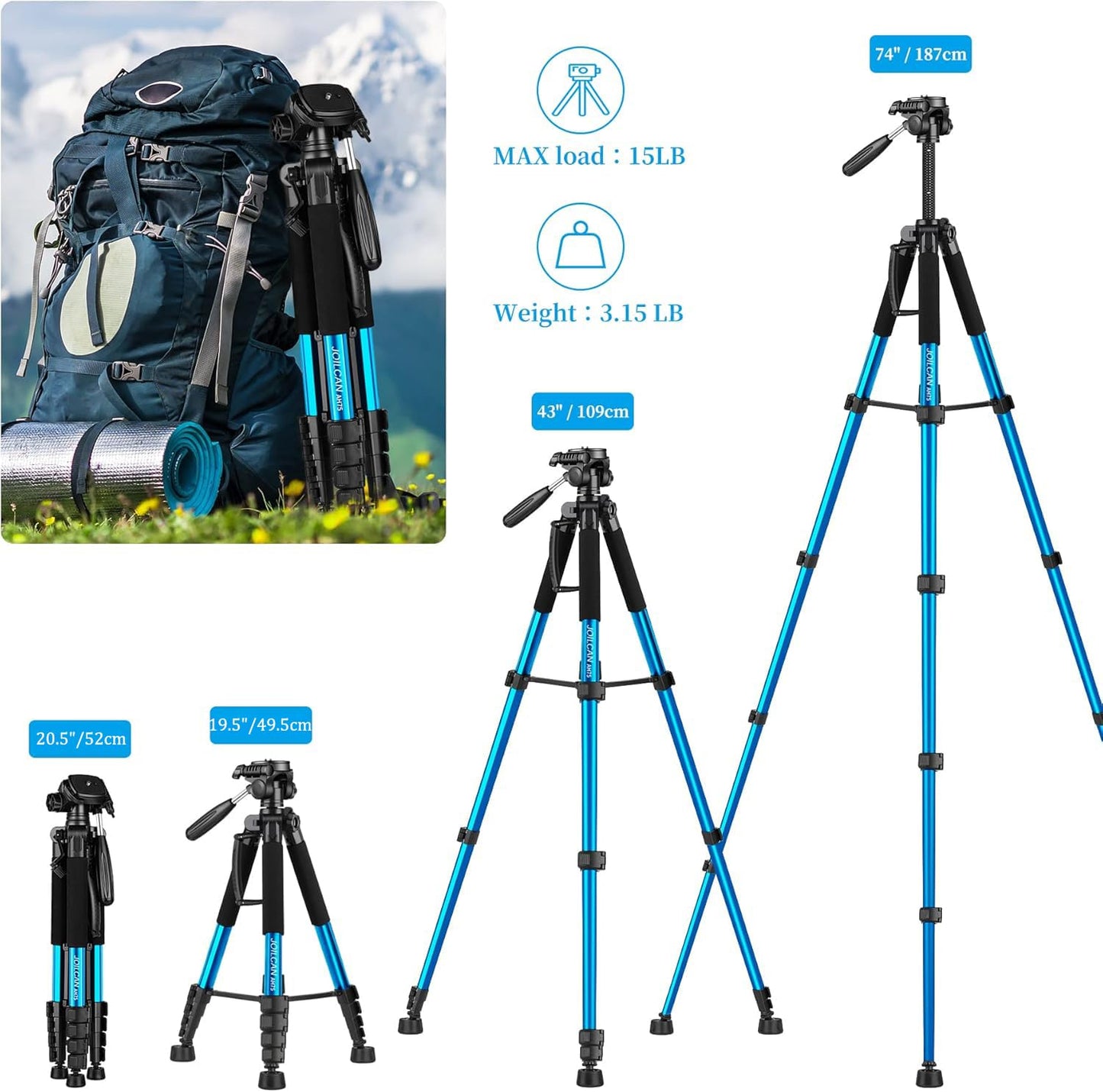 JOILCAN Tripod Camera Tripods, 74" Tripod for Camera Cell Phone Video Recording, Heavy Duty Tall Camera Tripod Stand, Professional Travel DSLR Tripods