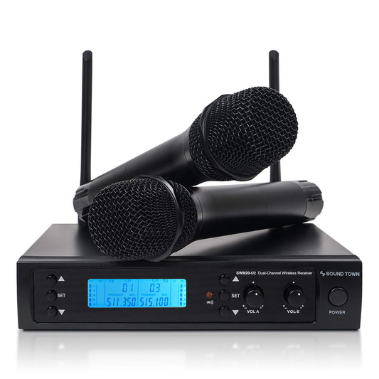 Sound Town 200-Channel Professional UHF Wireless Microphone System with 2 Handheld Microphones, for Church, Business Meeting, Outdoor Wedding and