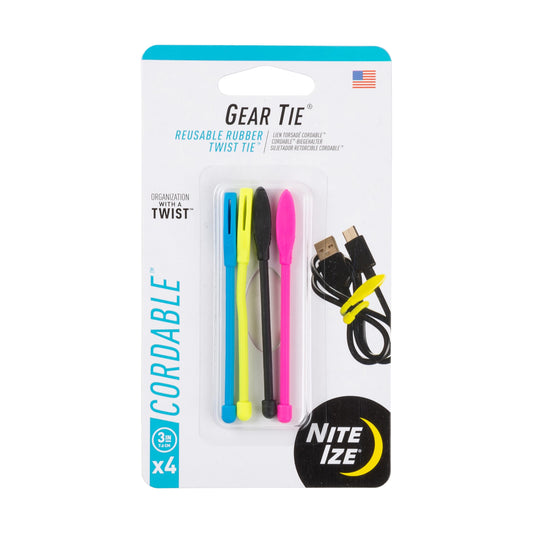 Nite Ize Gear Tie Cordable, The Original Reusable Rubber Twist Tie with Stretch-Loop For Cord Management + Storage, 3-Inch, Assorted Colors, 4 Pack