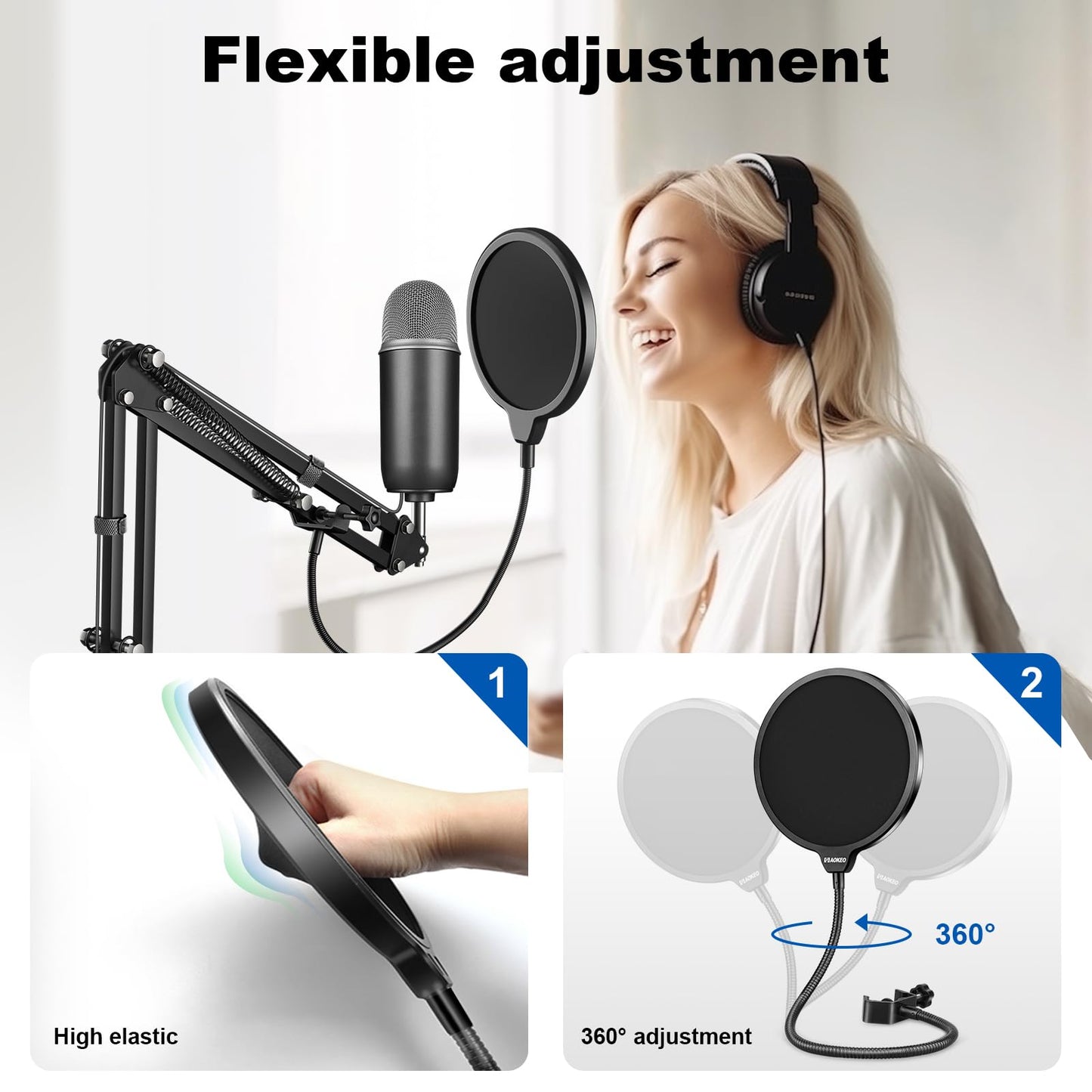 Aokeo Professional Microphone Pop Filter Mask Shield For Blue Yeti and Any Other Microphone,Mic Dual Layered Wind Pop Screen With Flexible 360°