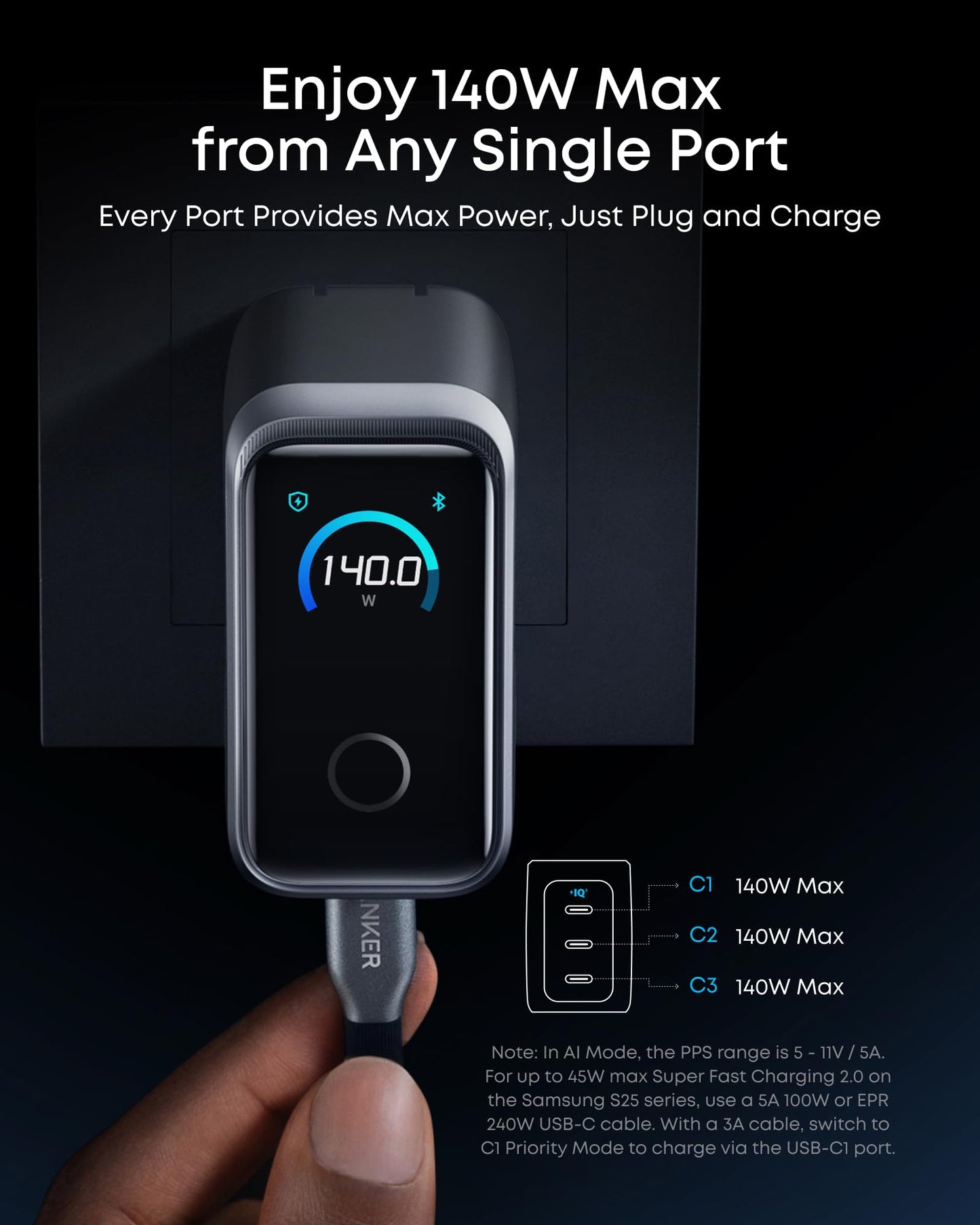 Anker Prime Charger,160W 3-Port Compact GaN USB C Charger,Smart Display,Touch Control,Up to 140W Fast Charging for One Device,for MacBook