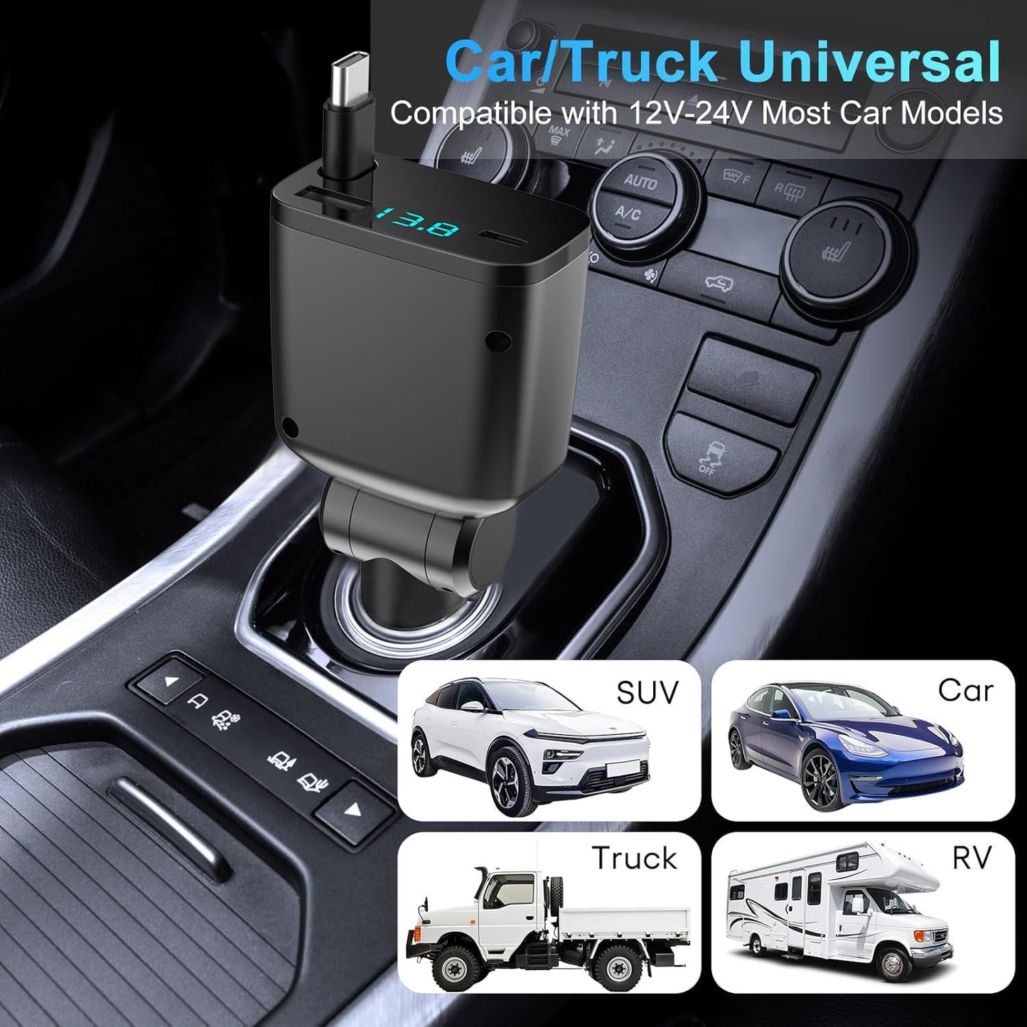 Retractable Car Charger 3 in 1, USB C Car Accessories Adapter for iPhone 16 USB C Charger Fast Charging,for iPhone 15 14 13 12 Pro Max