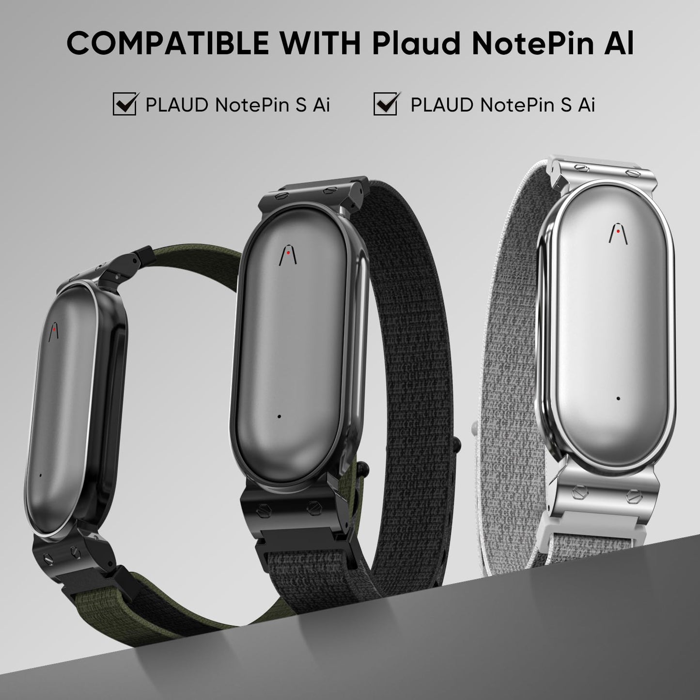 BLIKEJIN Nylon Loop Strap for PLAUD NotePin Ai/NotePin S Ai Adjustable Soft Fabric Wristband Comfortable Breathable (Black+Silver)