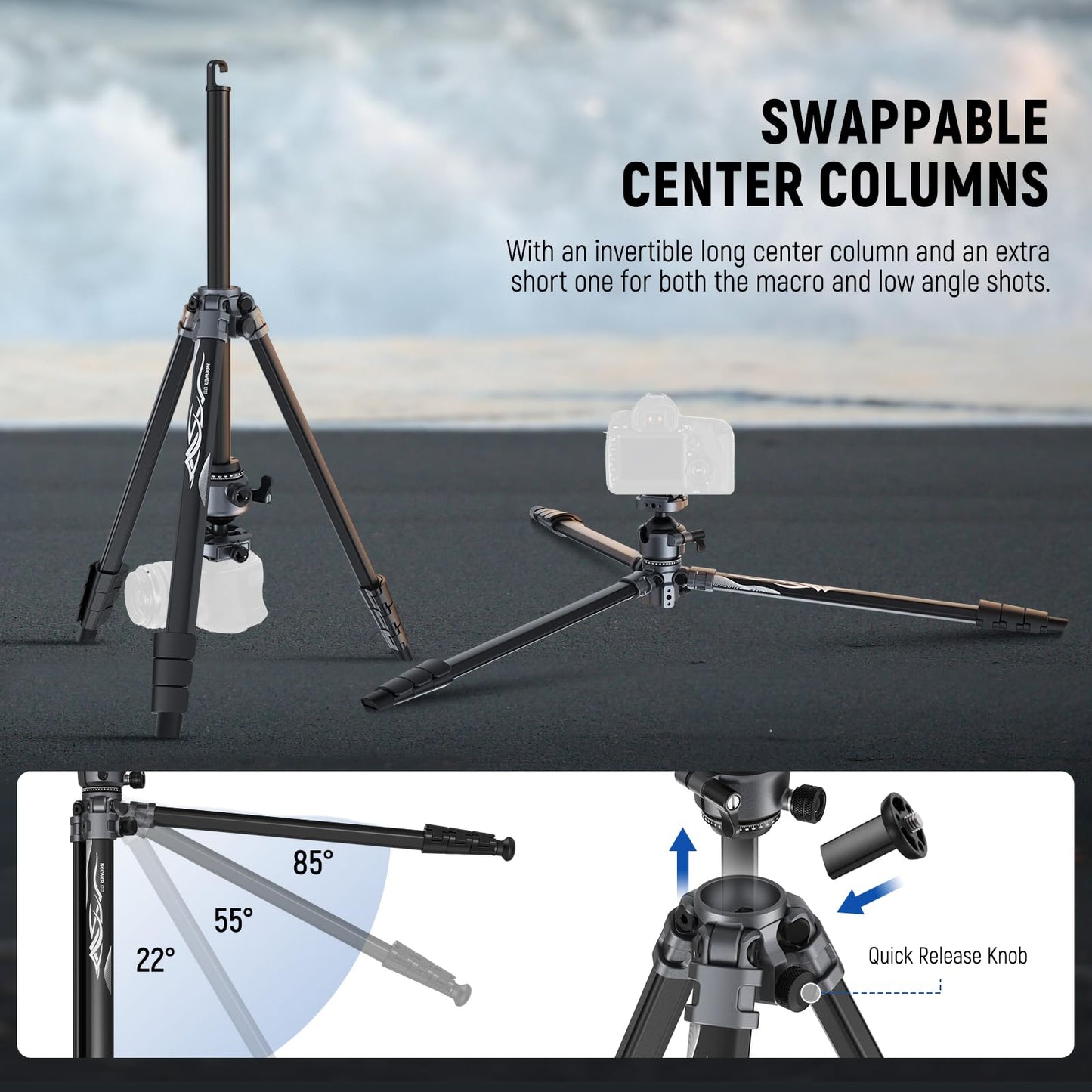 NEEWER LITETRIP LT07 61" Aluminum Travel Tripod Stand for Camera with Pan Tilt Low Profile Ball Head, Arca QR Plate Compatible with PD, Dual Center