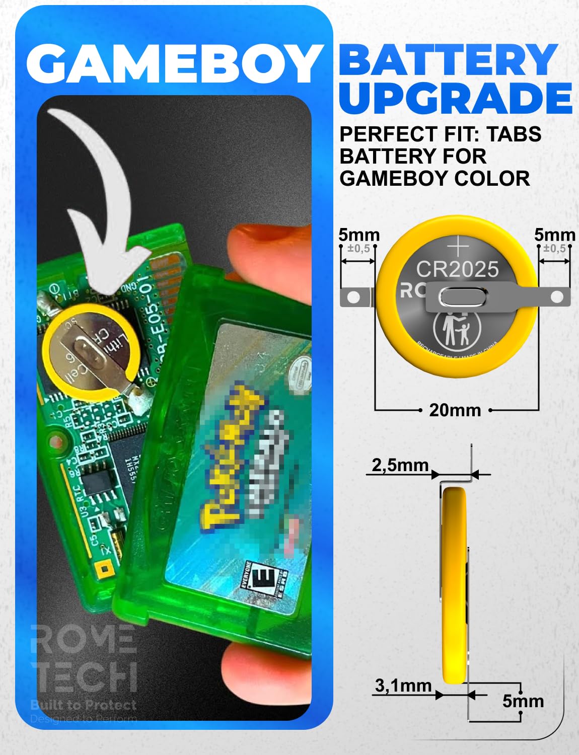 Rome Tech 3V CR2025 Batteries with Solder Tabs + Screwdriver Security Bit Set. Compatible with Silver, Blue, Gold, Crystal Gameboy Cartridge, Zelda…