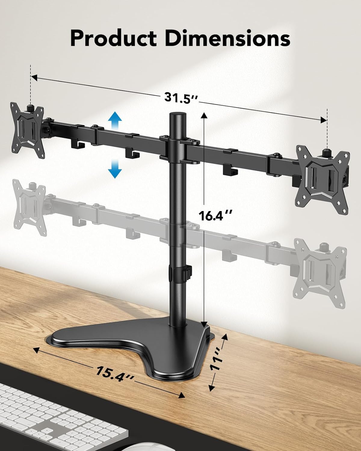 HUANUO 32 inches Dual Monitor Stand up to 17.6lbs per Arm, High-Grade Aluminum Free Standing Dual Monitors Mount for 2 Screens. Fully Adjustable Dual