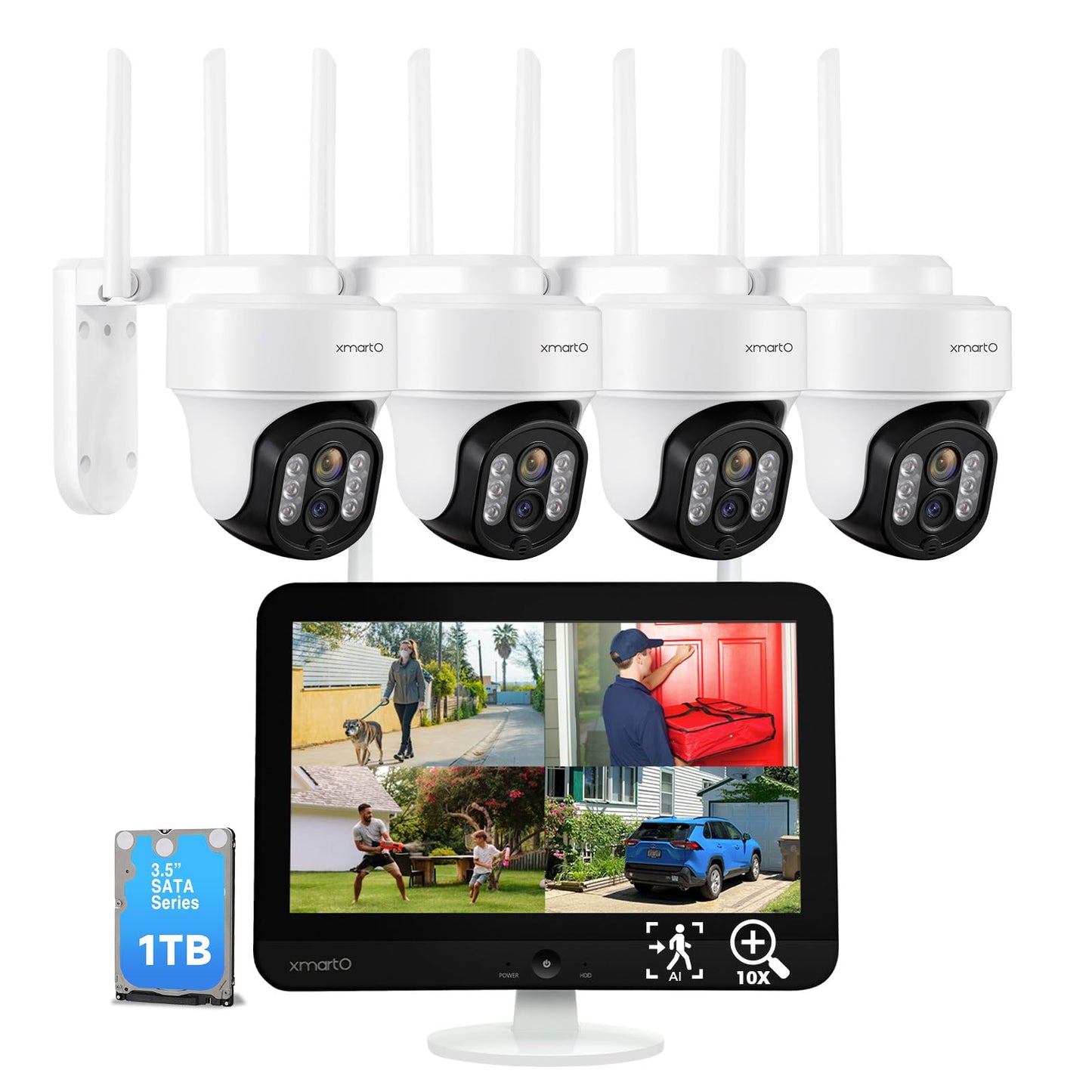 [WiFi 6 & 10X Zoom] XMARTO Wireless PTZ Security Camera System Outdoor with 10X Zoom and AI Auto Tracking, 2K HD Dual-Lens Cameras, 12" LCD Monitor