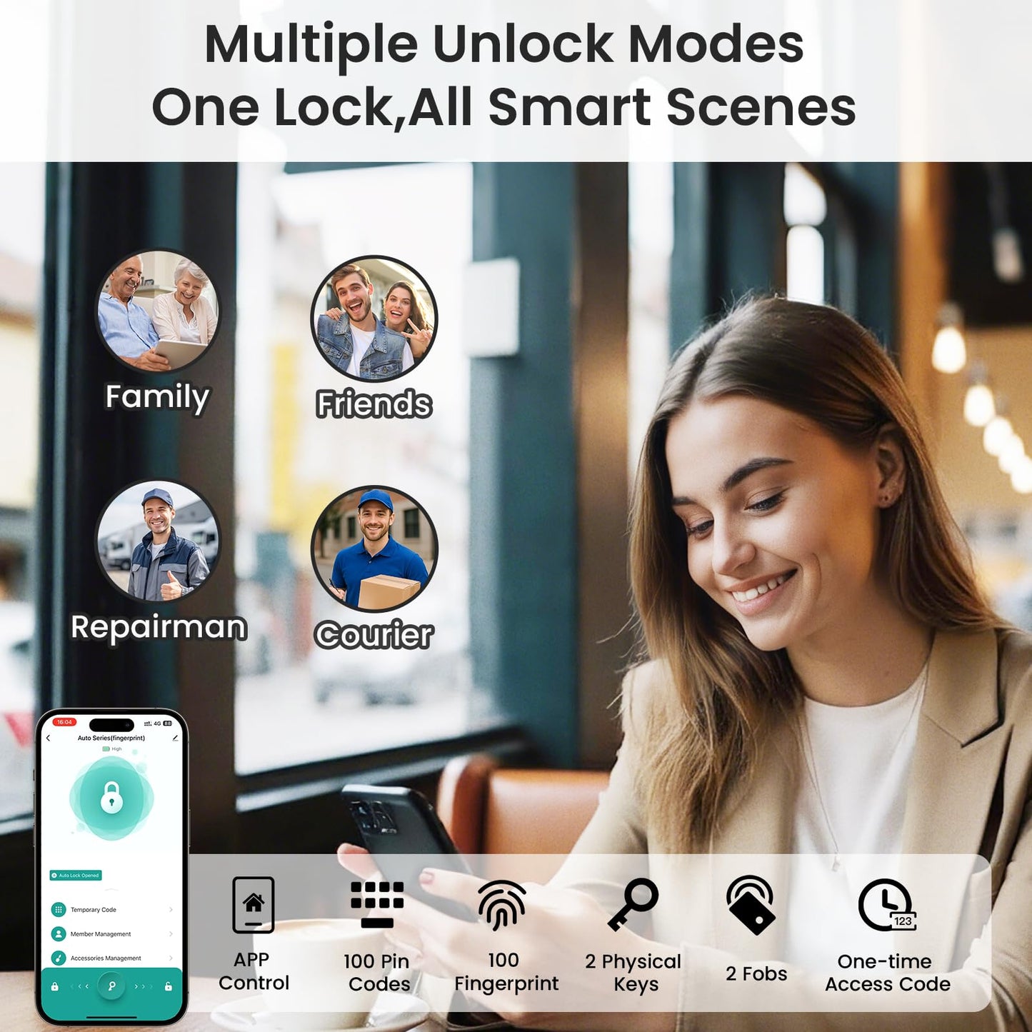 Smart Lock with Handles, Fingerprint Door Lock App Control, Keyless Entry Door Lock Set, Electronic Keypad Deadbolt, Auto & One Touch Lock, Easy