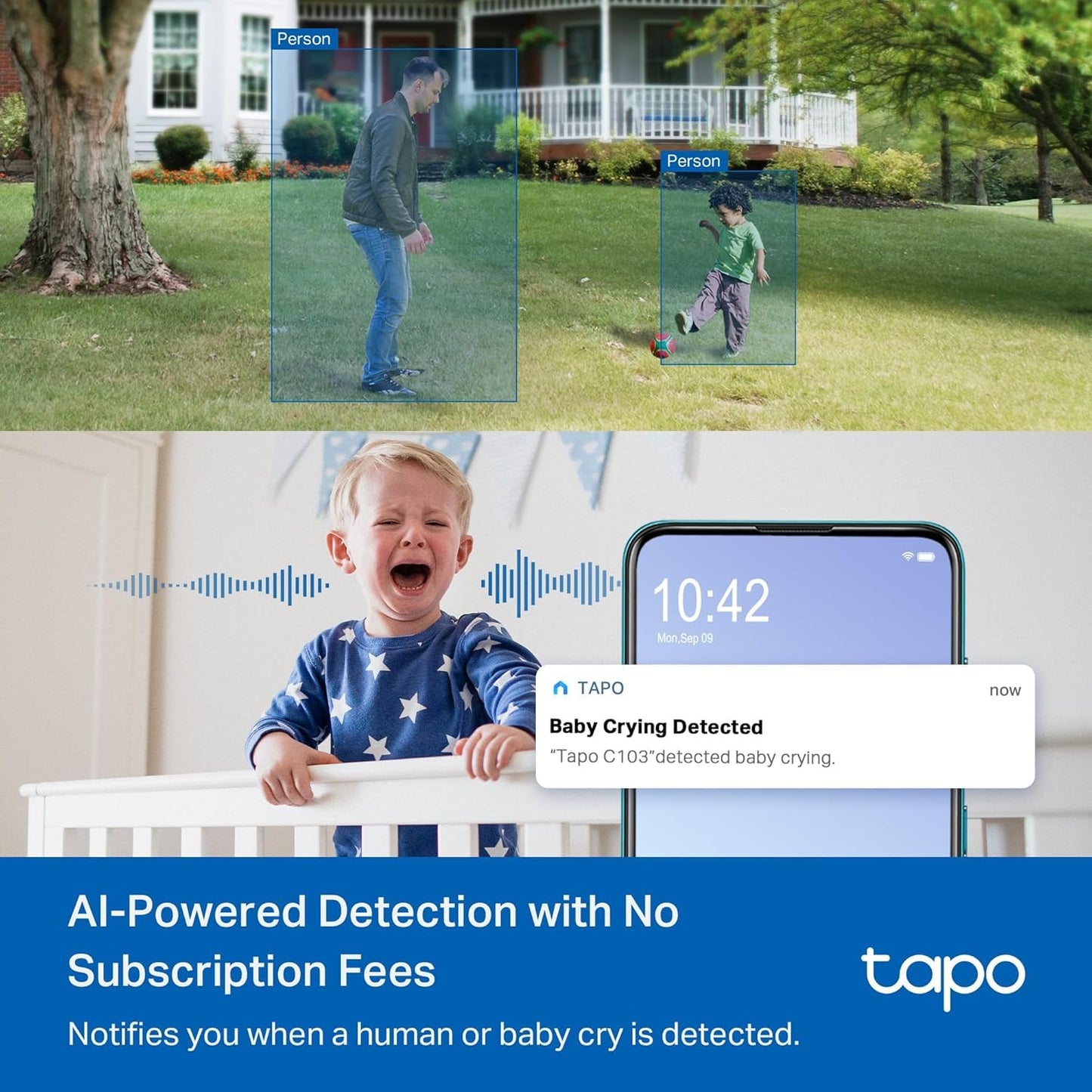 Tapo 2K Indoor/Outdoor Pan/Tilt Wired Security Camera - Baby Monitoring, Person & Baby Cry Detection, 360° Motion Tracking, Night Vision