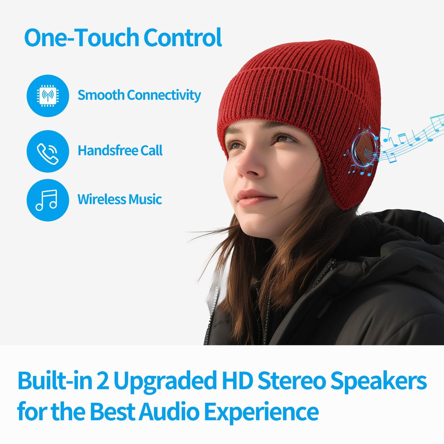 Bluetooth Beanie Hat with Headphones, Wireless Winter Hat Built-in Microphone and Stereo Speakers (Red)