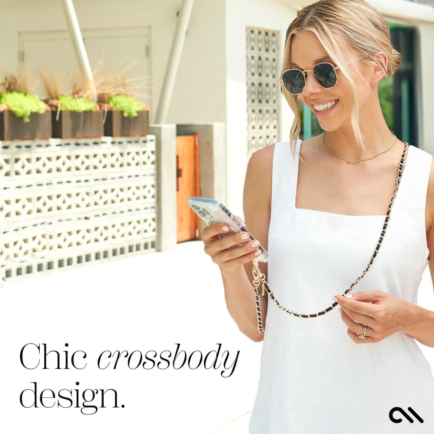 Case-Mate Crossbody Phone Lanyard/Chain - Gold Chain Black Leather