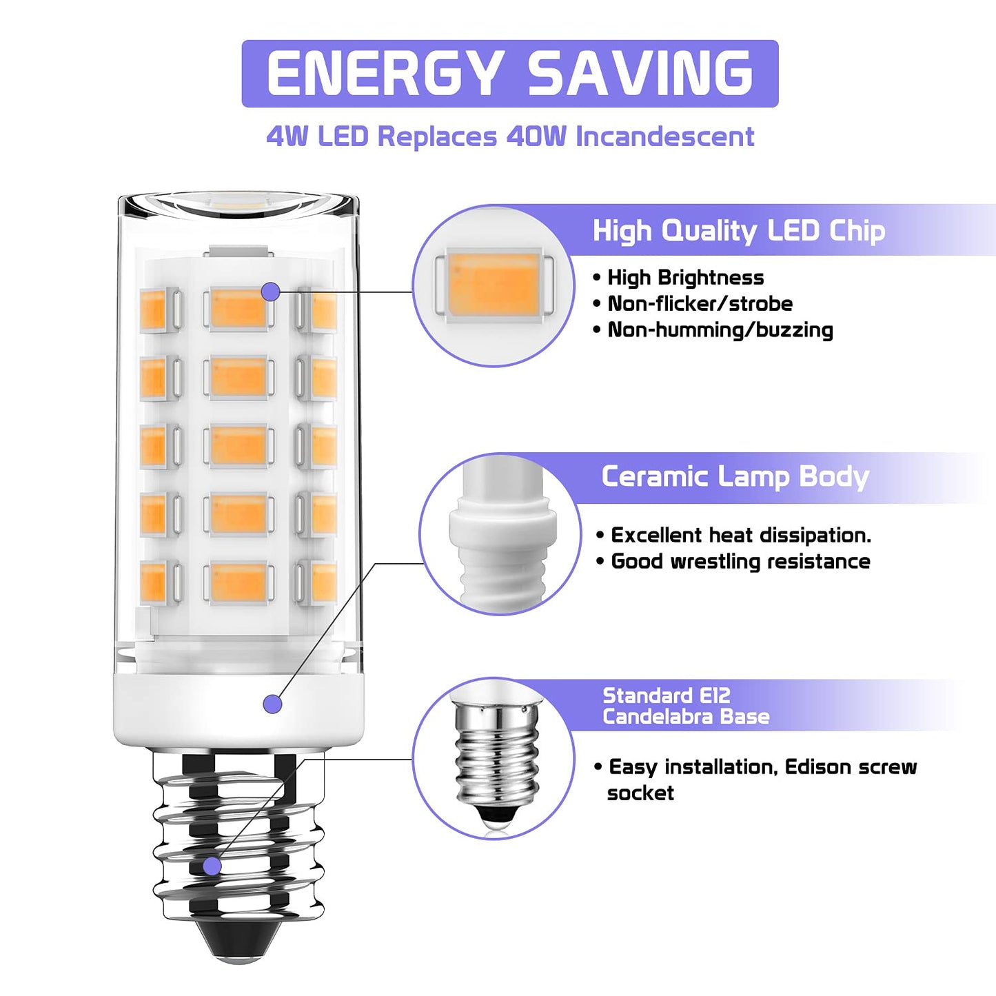 RuLEDne E12 LED Bulb, Mini Candelabra Base, 4W (40W Replacement), 3000K Warm White Not Dimmable, T3/T4 Small Bulb for Ceiling Fans and Chandeliers, 6