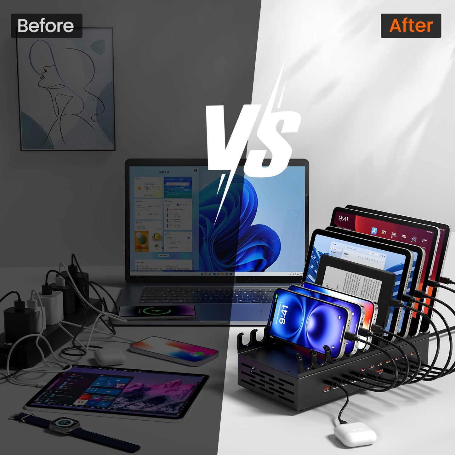 300W USB Charging Station for Multiple Devices - 22 Ports Desktop Multi Fast Charger Station with Device Organizer Stand & Multi Protection, US? Power