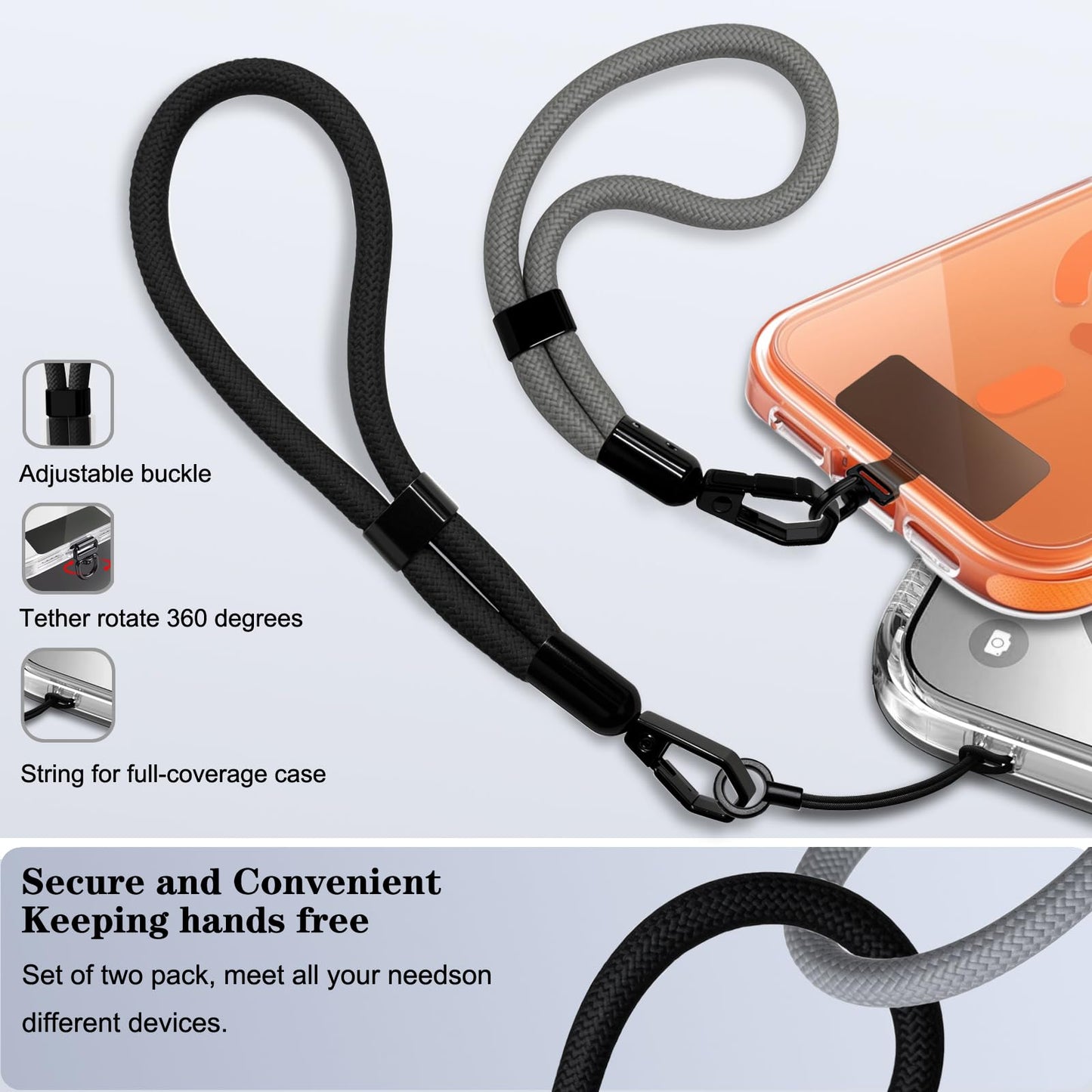 Yudaky Phone Lanyard, 2 Pack Adjustable Cell Phone Lanyard Hand Phone Wrist Strap with Tether Tabs for Smartphones (Black)