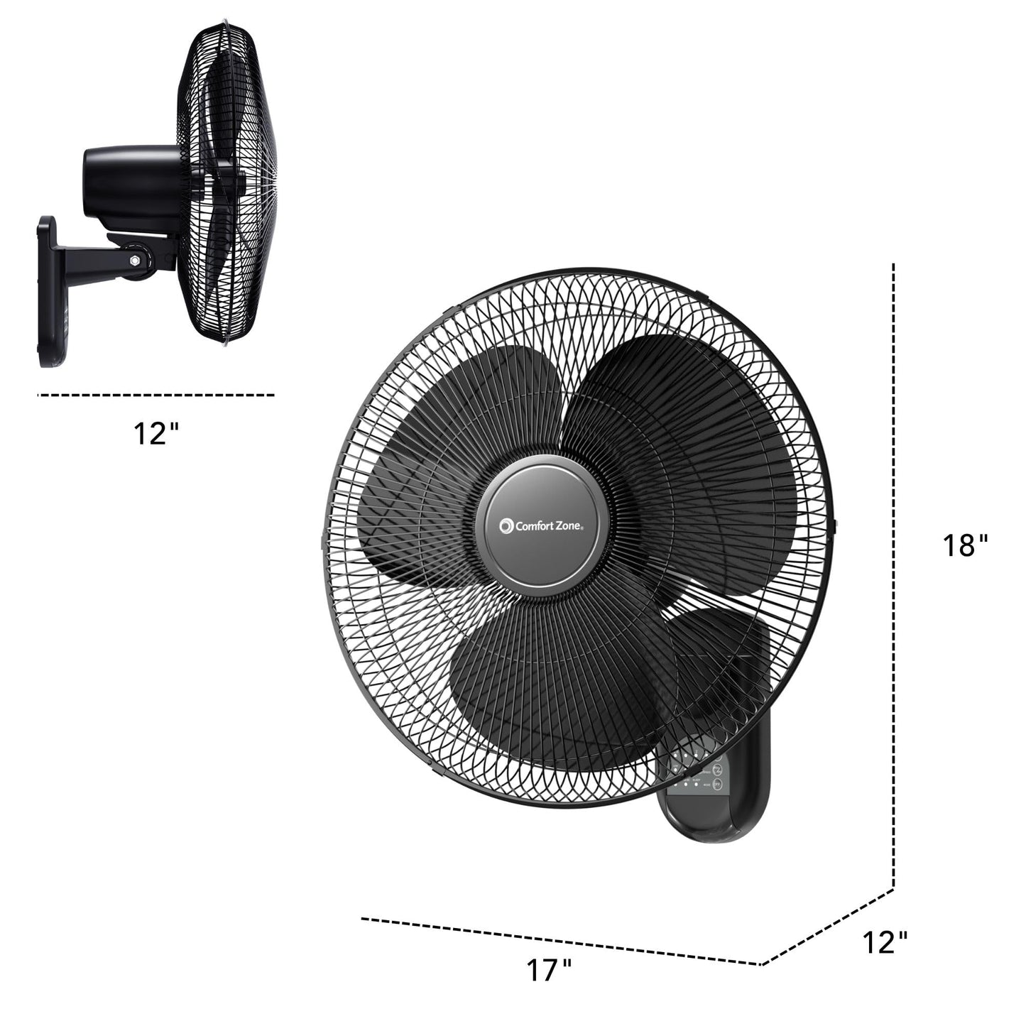 Comfort Zone 16-Inch Wall Mount Fan with Remote Control - Quiet 3-Speed Oscillating Indoor Fan with 90° Wide-Angle Airflow, Timer & Sleep Modes