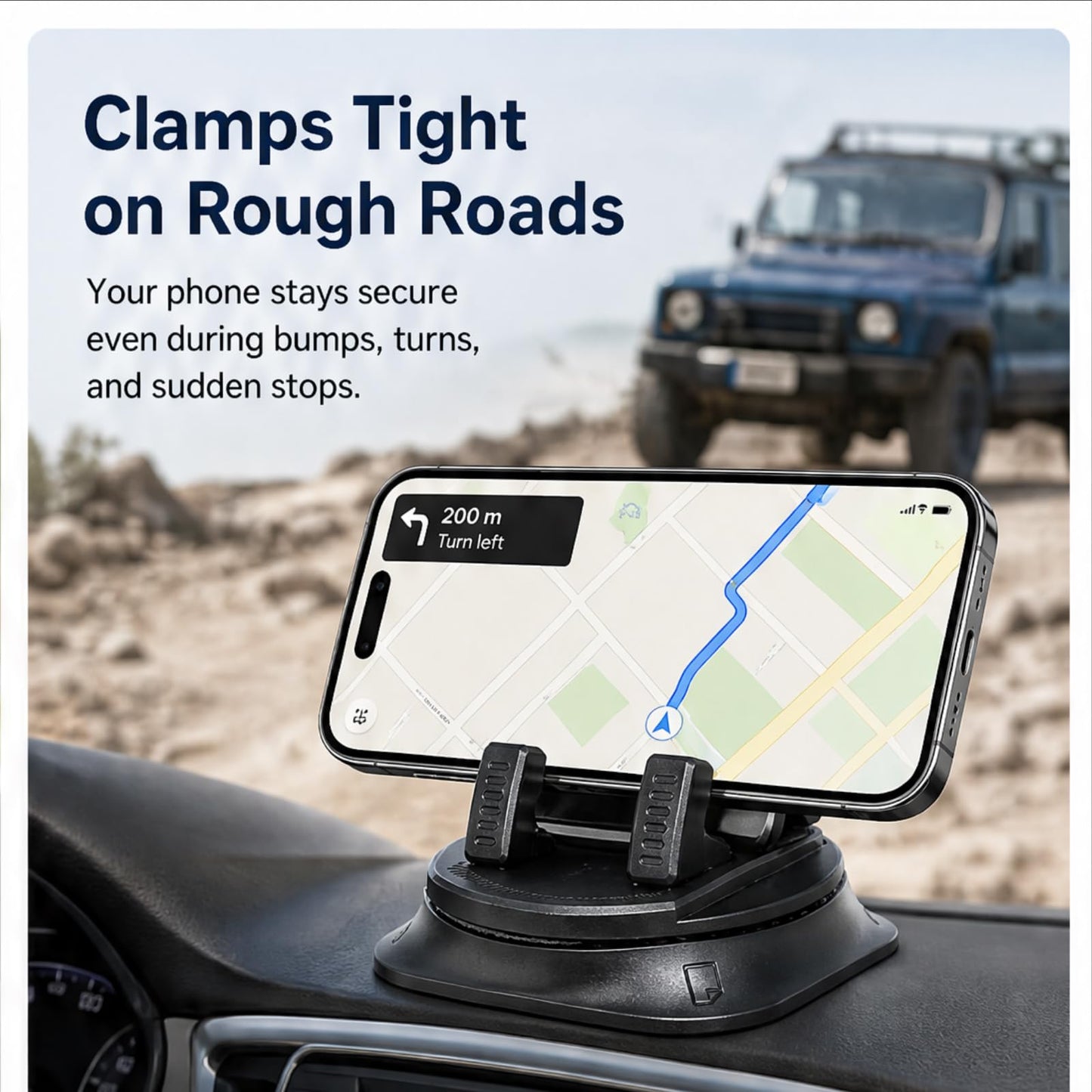 Longgue Dashboard Phone Holder with Adhesive Gel Pad, Anti-Slip Silicone Base & Spring Clip, 360° Rotation for Hands-Free Navigation, Compatible