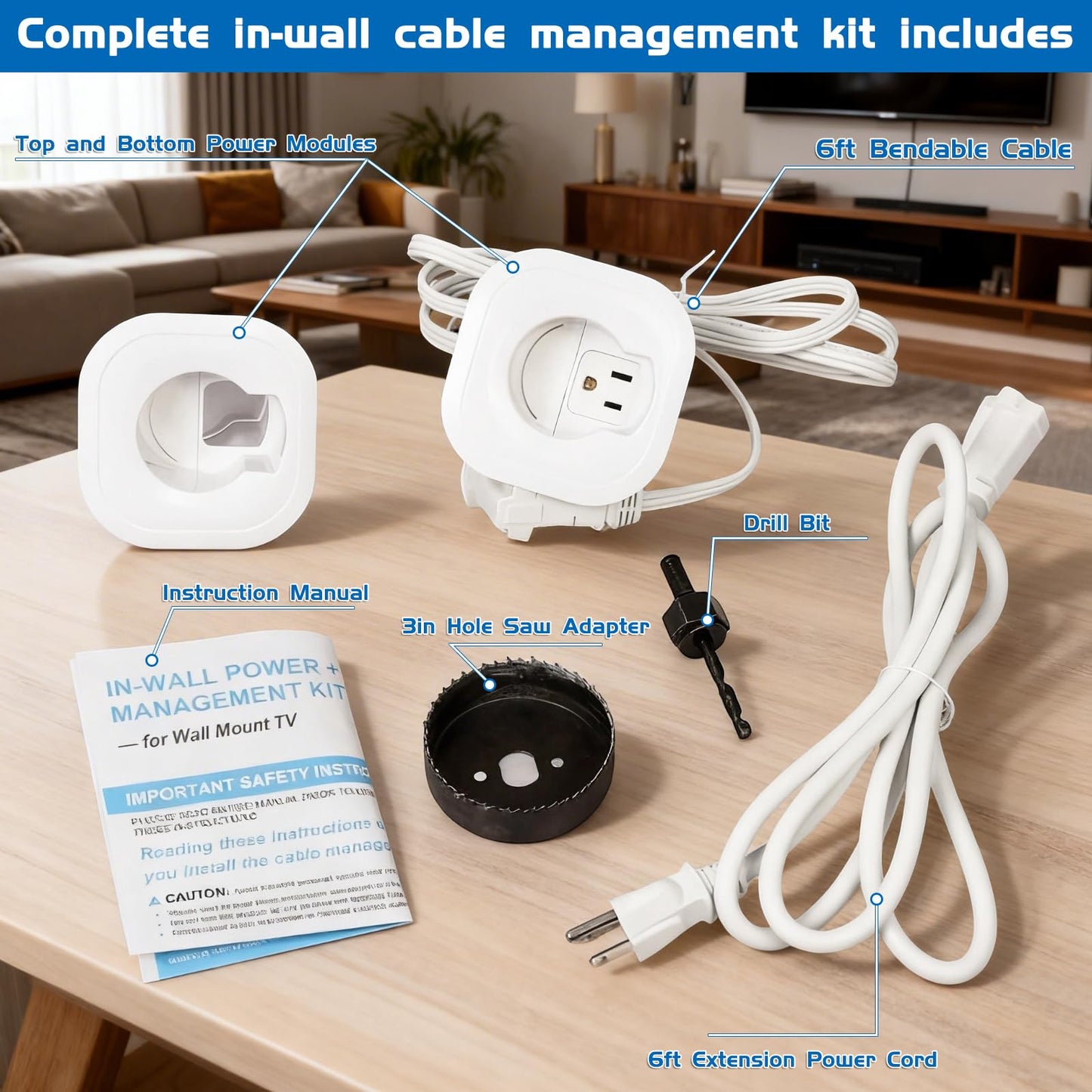 Naerza in Wall Cable Management Kit,All-in-One Voltage Adapted Cable Organizer, Streamline Wires for Living Room/Office | Easy Install Wall Wire