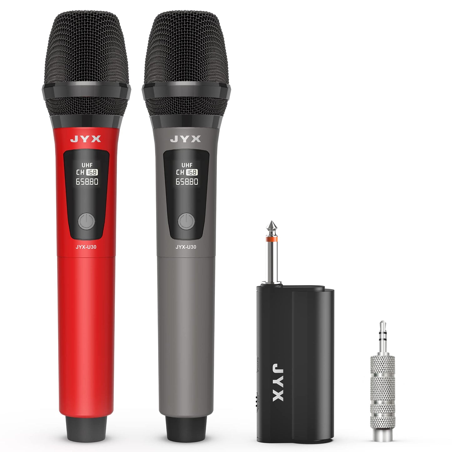 JYX Wireless Microphones, Dual UHF Handheld Dynamic Mic with Receiver, 6.35mm(1/4")Output,3.5mm (1/8") Adapter,160ft Range, Metal Rechargeable Karaoke
