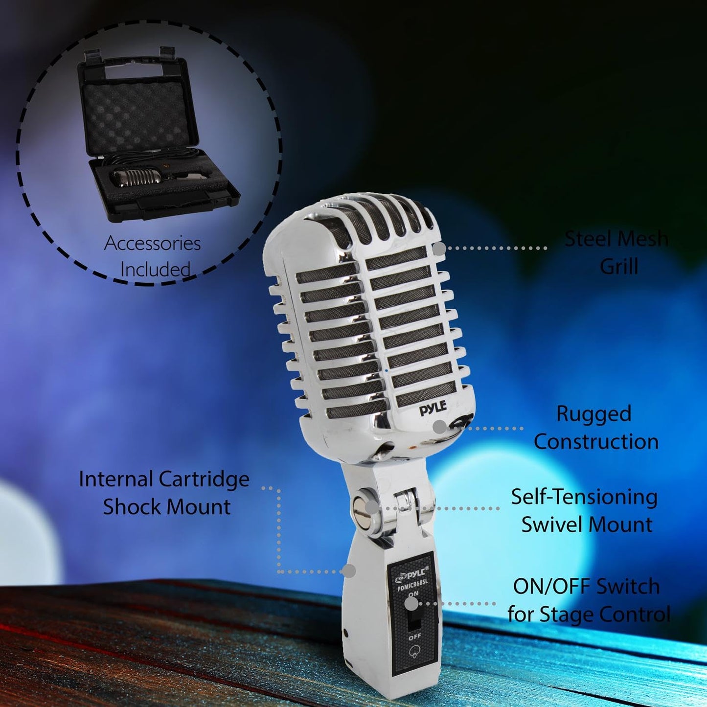 Pyle Classic Retro Dynamic Vocal Microphone - Old Vintage Style Metal Unidirectional Cardioid Mic with XLR Cable - Universal Stand Adapter - Live