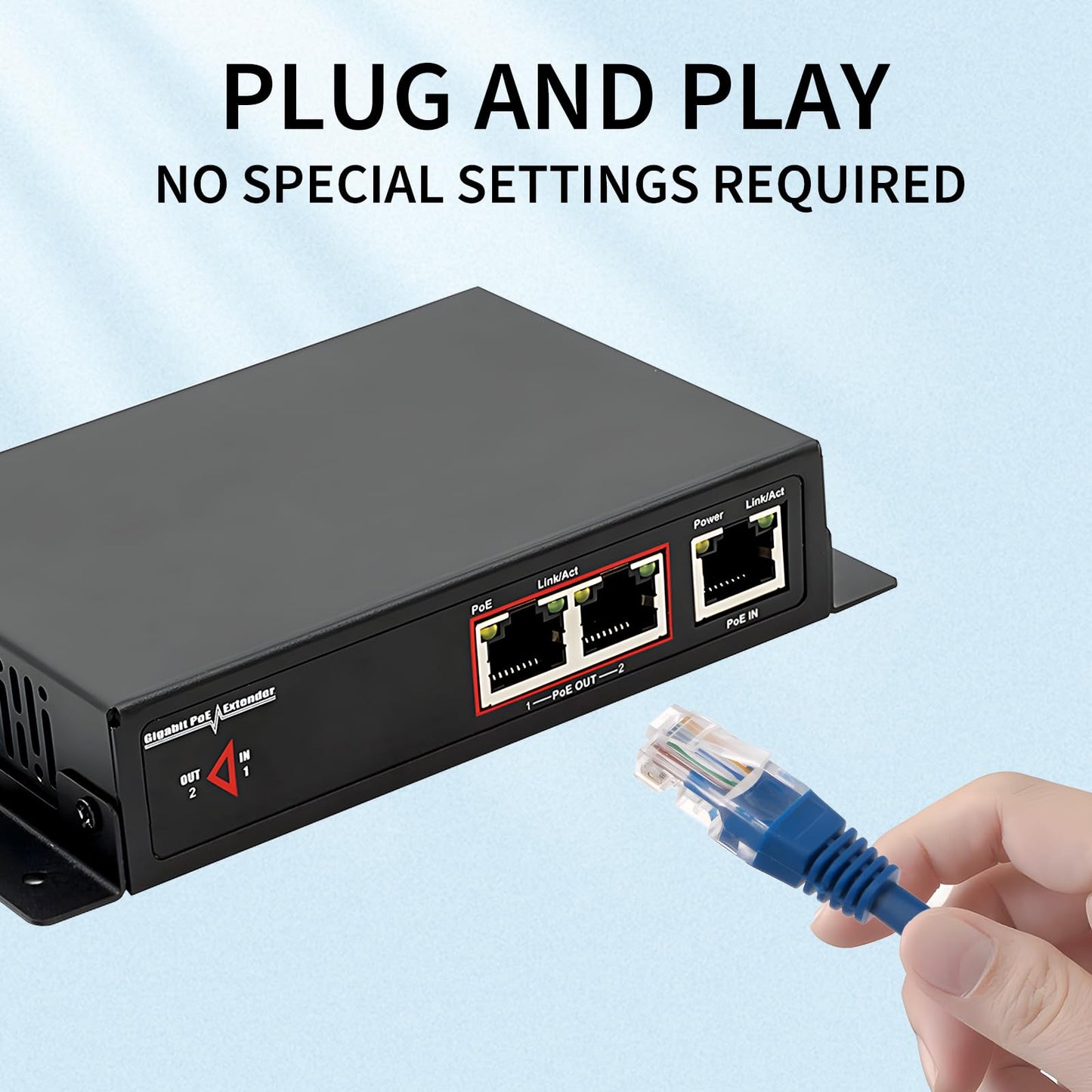 60W 2-Port Gigabit PoE Switch/Extender PoE Splitter Repeater, 10/100/1000Mbps, Supports IEEE 802.3af/at for Ethernet Extension, 6KV Lightning