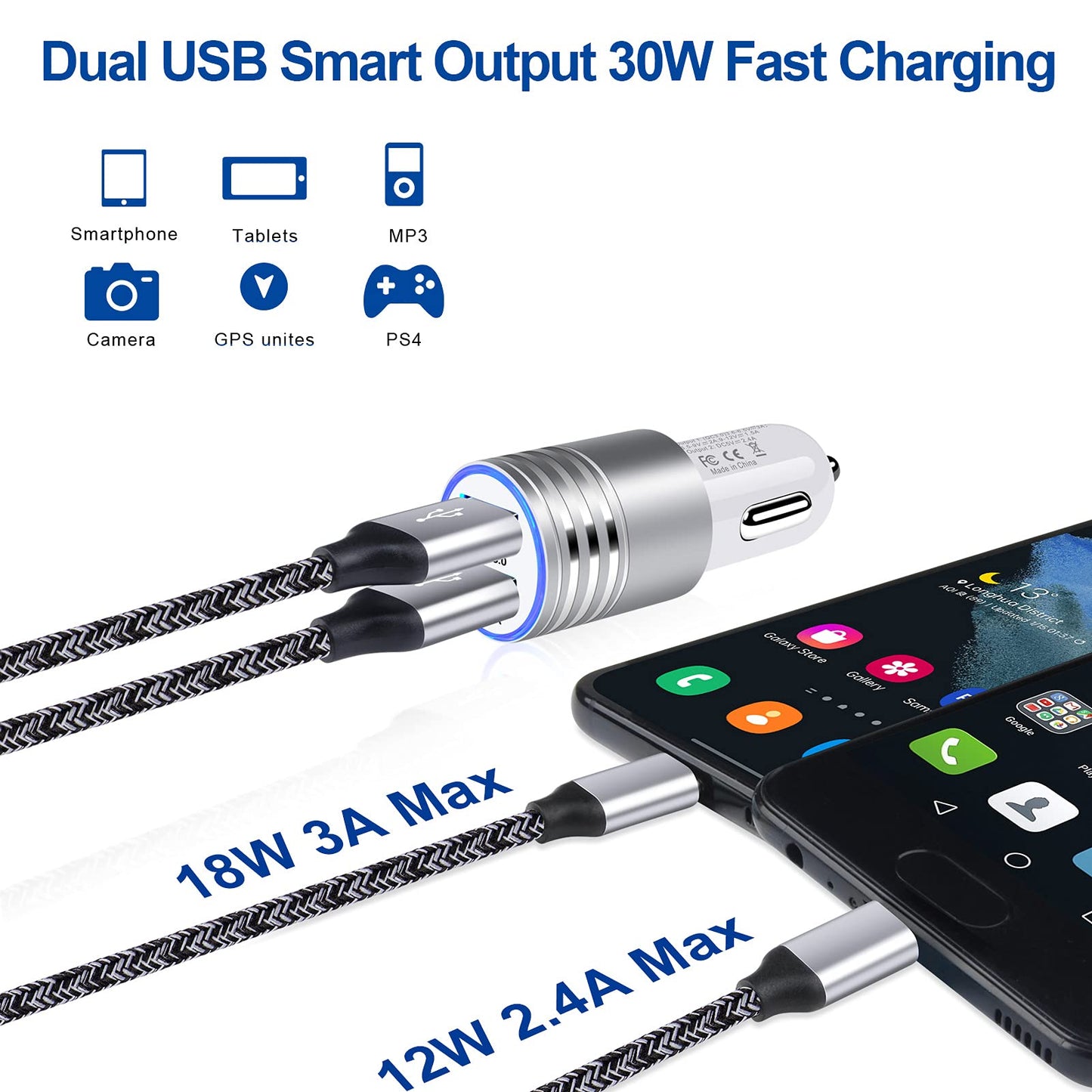QC3.0 USB Type C Fast Charger for Samsung Galaxy S25FE/S25 Ultra/S25 Plus/A17/A16 5G/A15/A54/A53/A36/A26/S24/S23/S22 Ultra, Car Charger Android Phone