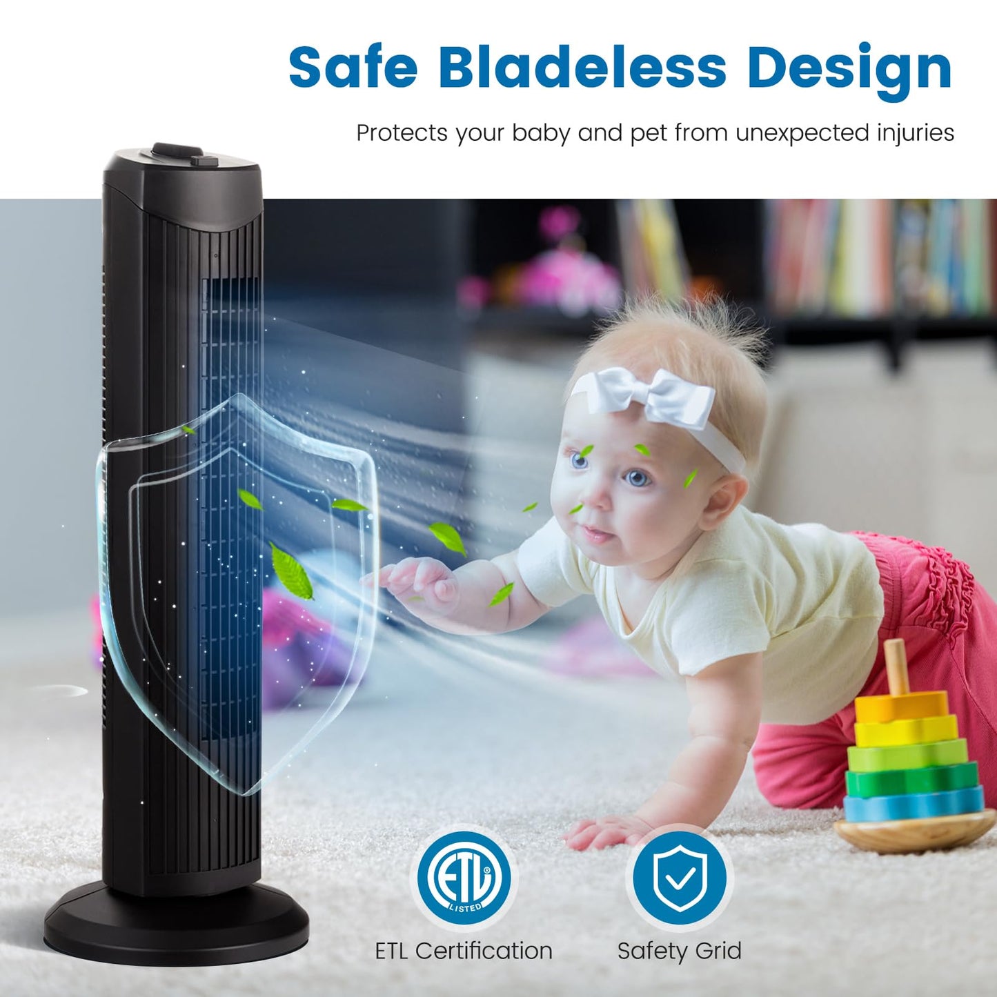 DORTALA Tower Fan, Quiet Cooling Bladeless, 3 Speed, 3 Wind Mode, 28-Inch Oscillating Tower Fan for Bedroom, Living Room (Black)