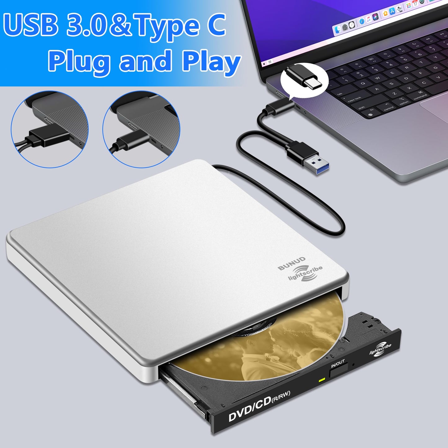 BUNUD LightScribe DVD Burner for Mac: USB C CD/DVD Drive External Portable Compatible with Laptop Windows Linux for Disc Labeling Wedding Photos