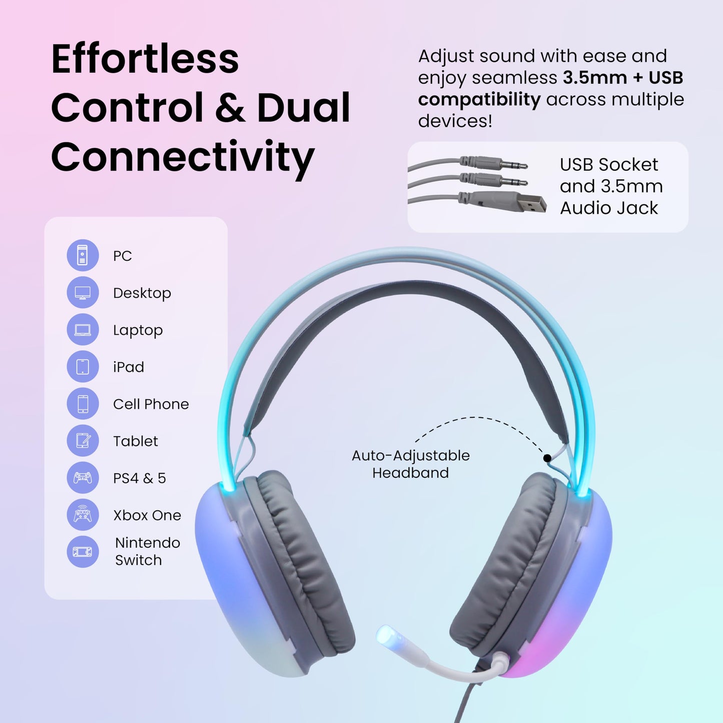 Gabba Goods Wired LED Gaming Headset with Mic - Over Ear Headphones with 50mm Drivers, Noise Isolation, Color-Changing Lights, 3.5mm AUX & USB…