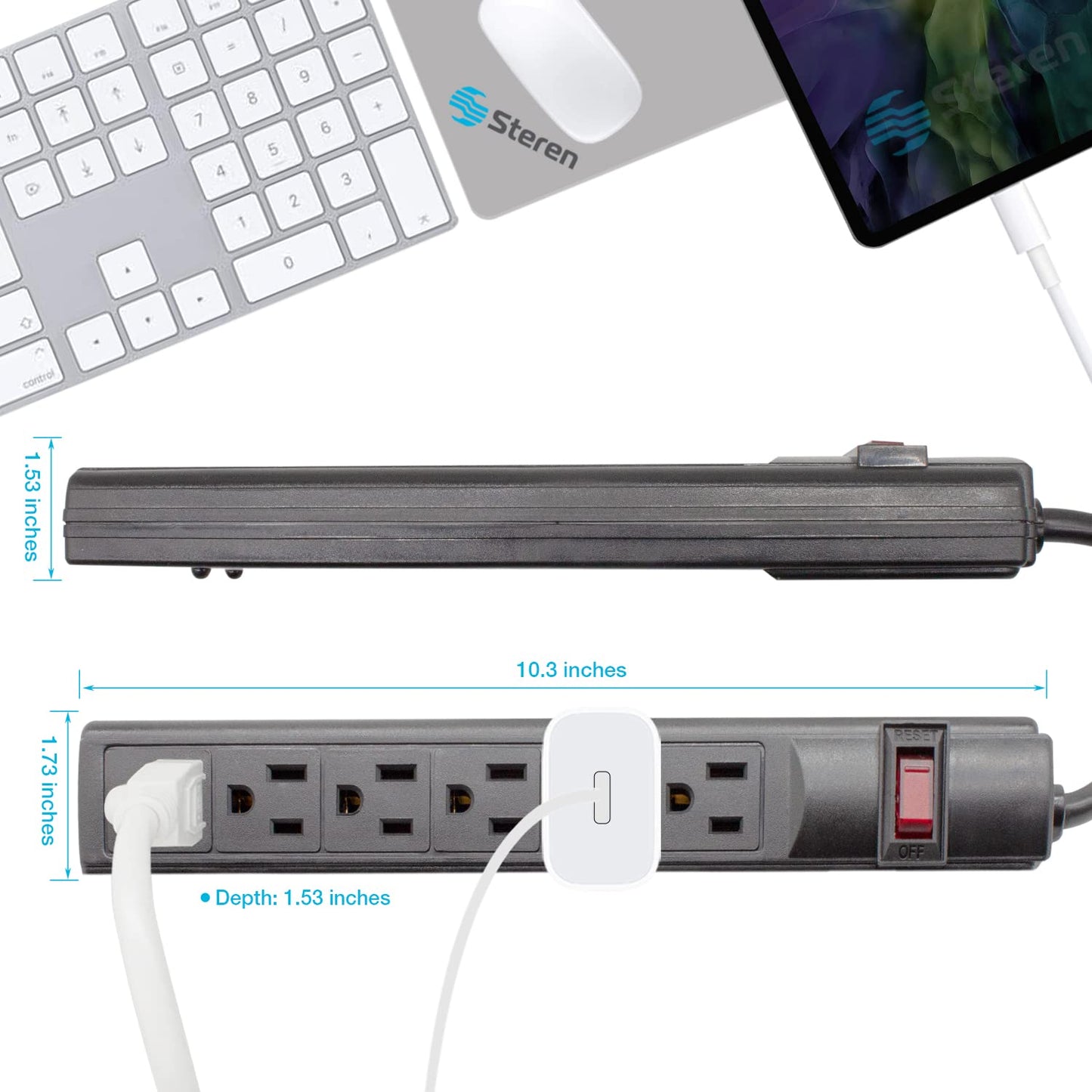 STEREN 6-Outlet, Plastic Surge Protector Strip, 3ft Cord, Right Angle Plug, 240 Joules, Black [905-132]