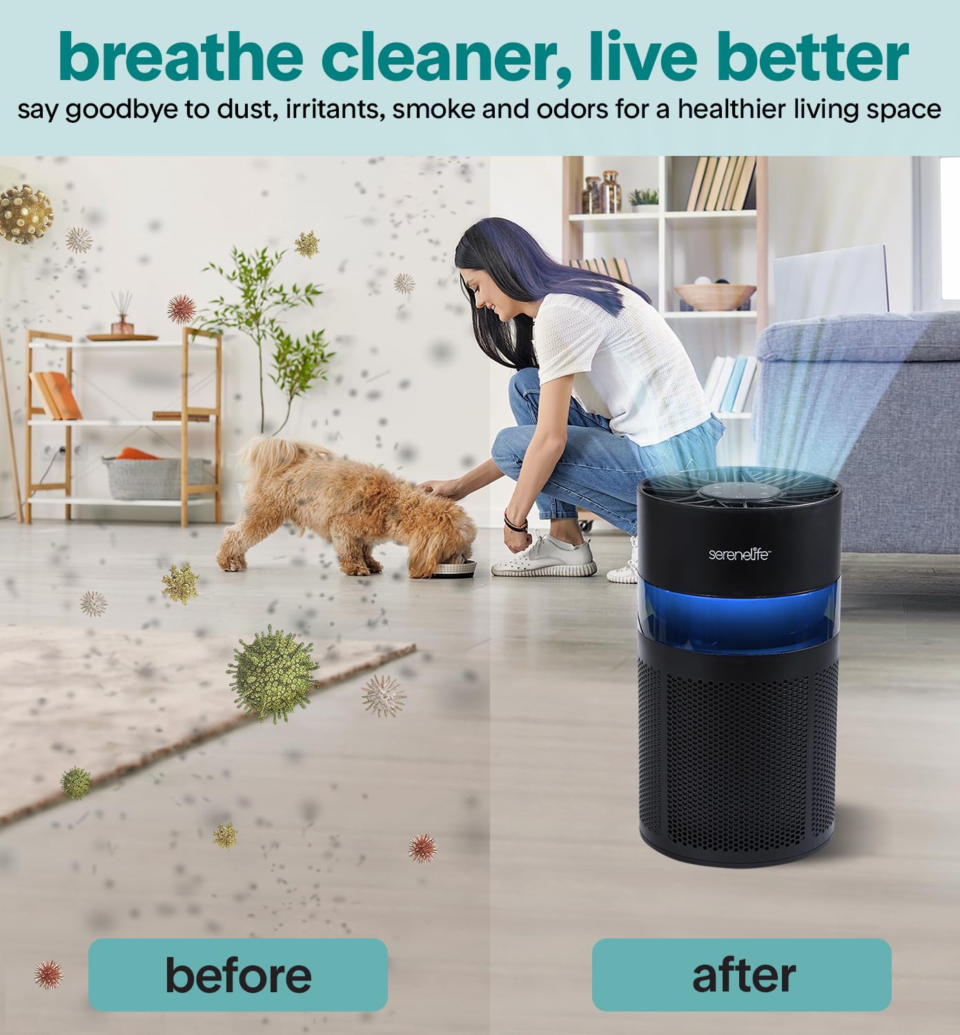 SereneLife HEPA Air Purifier for Home, Compact Quiet Air Purifier with Filter Replacement Alert, Touch Controls, Aroma Box, 2 Fan Speeds & Timer