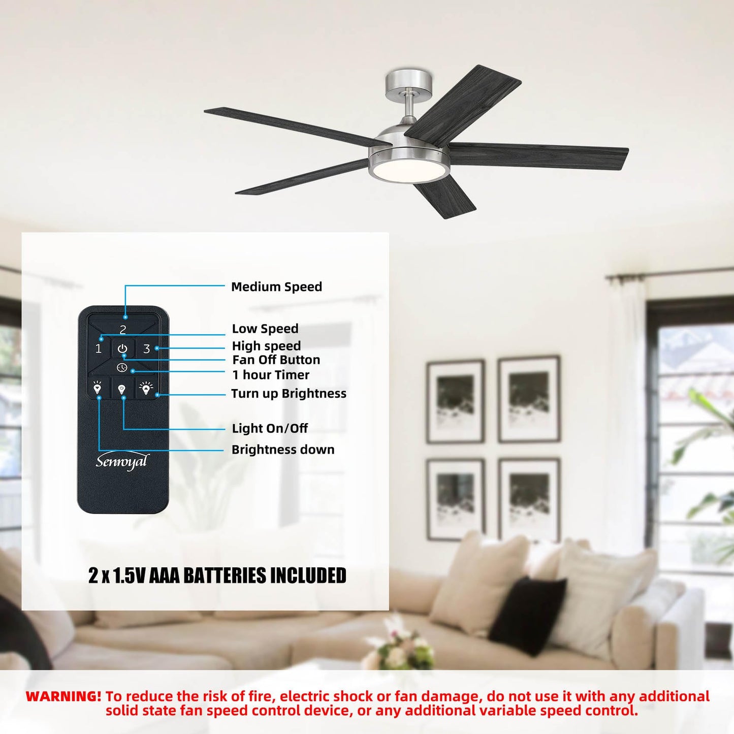 senroyal 54 Inch Ceiling Fan with Light and Remote, Dimmable Modern Farmhouse Ceiling Fan for Living Room, Dining Room, 3 Speed, Reversible Motor