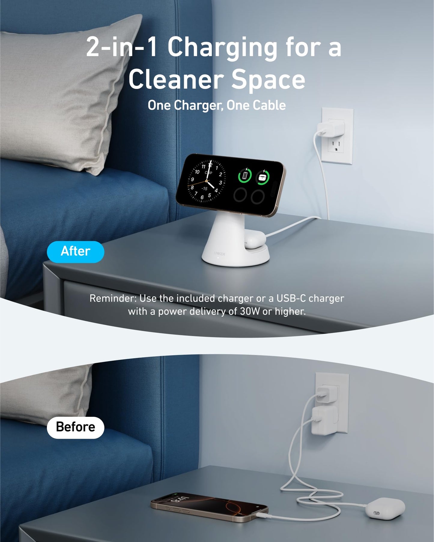 Anker MagSafe Compatible 2-in-1 Charging Stand, iPhone 16 Wireless Charger, Qi2 Certified 15W Ultra-Fast,Adjustable and Super Strong,for iPhone