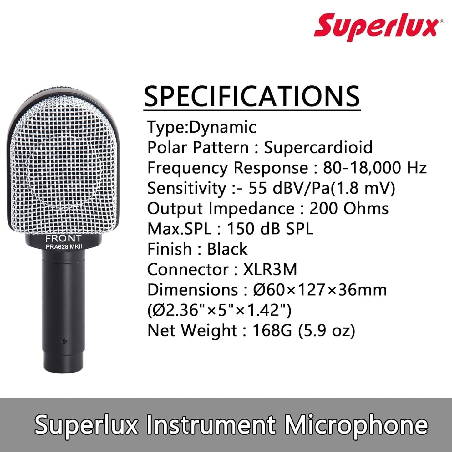 Superlux PRA628MKII Professional Dynamic Instrument Microphone, Wired Super-Cardioid Mic for Guitar/Bass Amps & Live Sound. Recording for Studio and