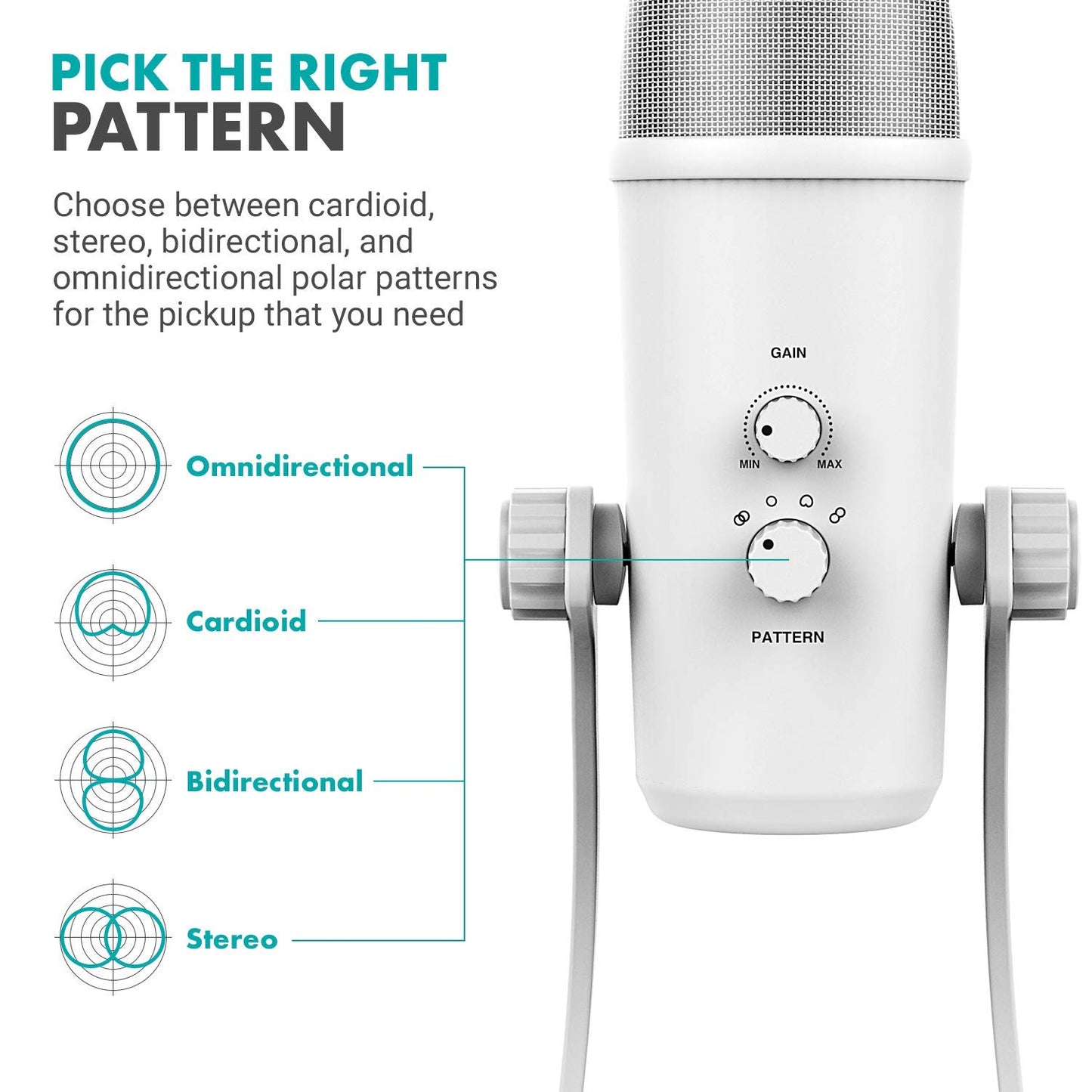 Movo UM700W White Desktop USB Microphone for Computer - Studio Mic with 4 Pickup Patterns - USB Gaming Microphone for PC, Mac, and Android - Best Mic