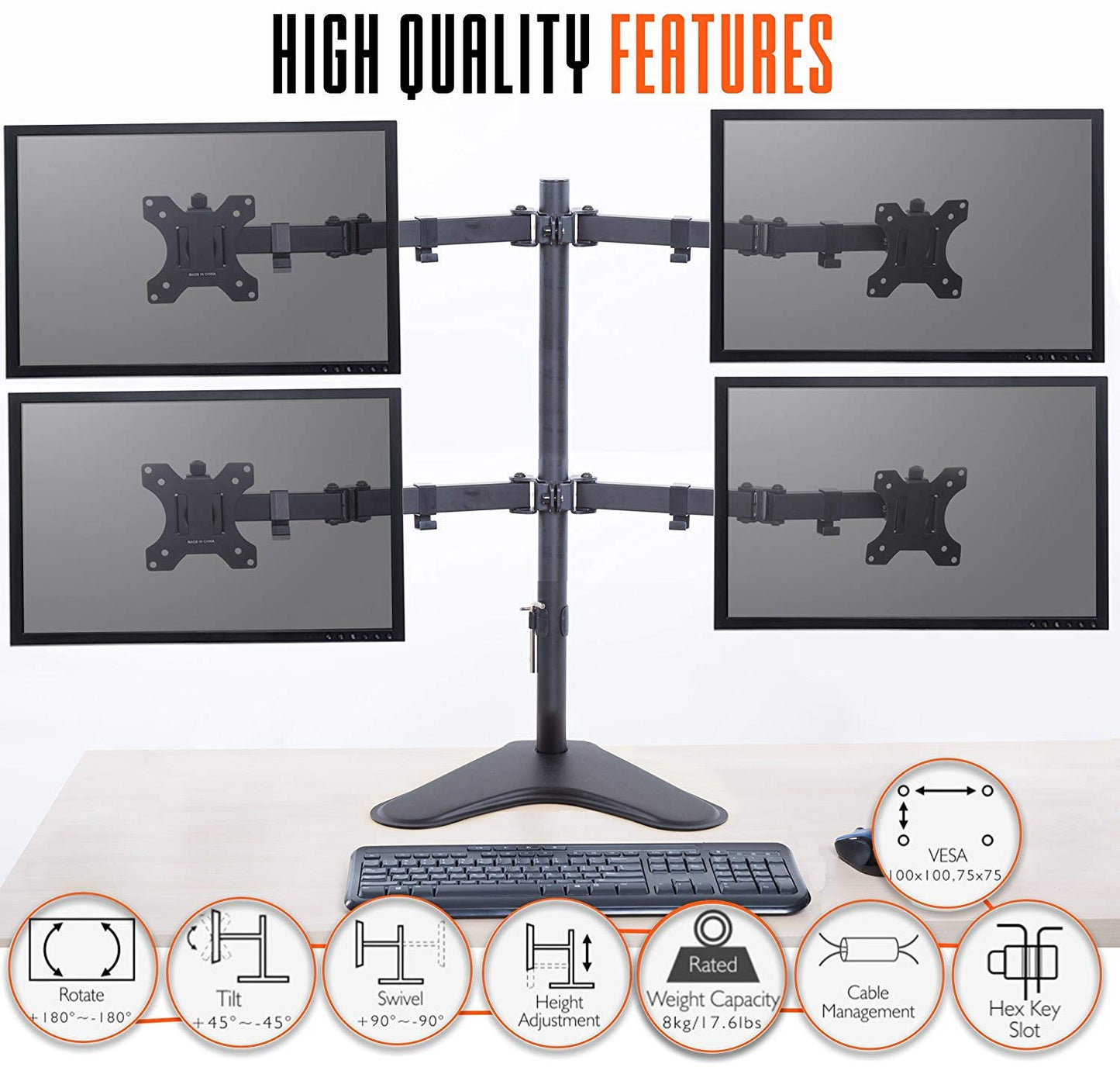 Stand Steady 4-Monitor Mount | Height-Adjustable Stand with Stabilizing Base - Fits Most LCD/LED Monitors 17-32 in (Black)