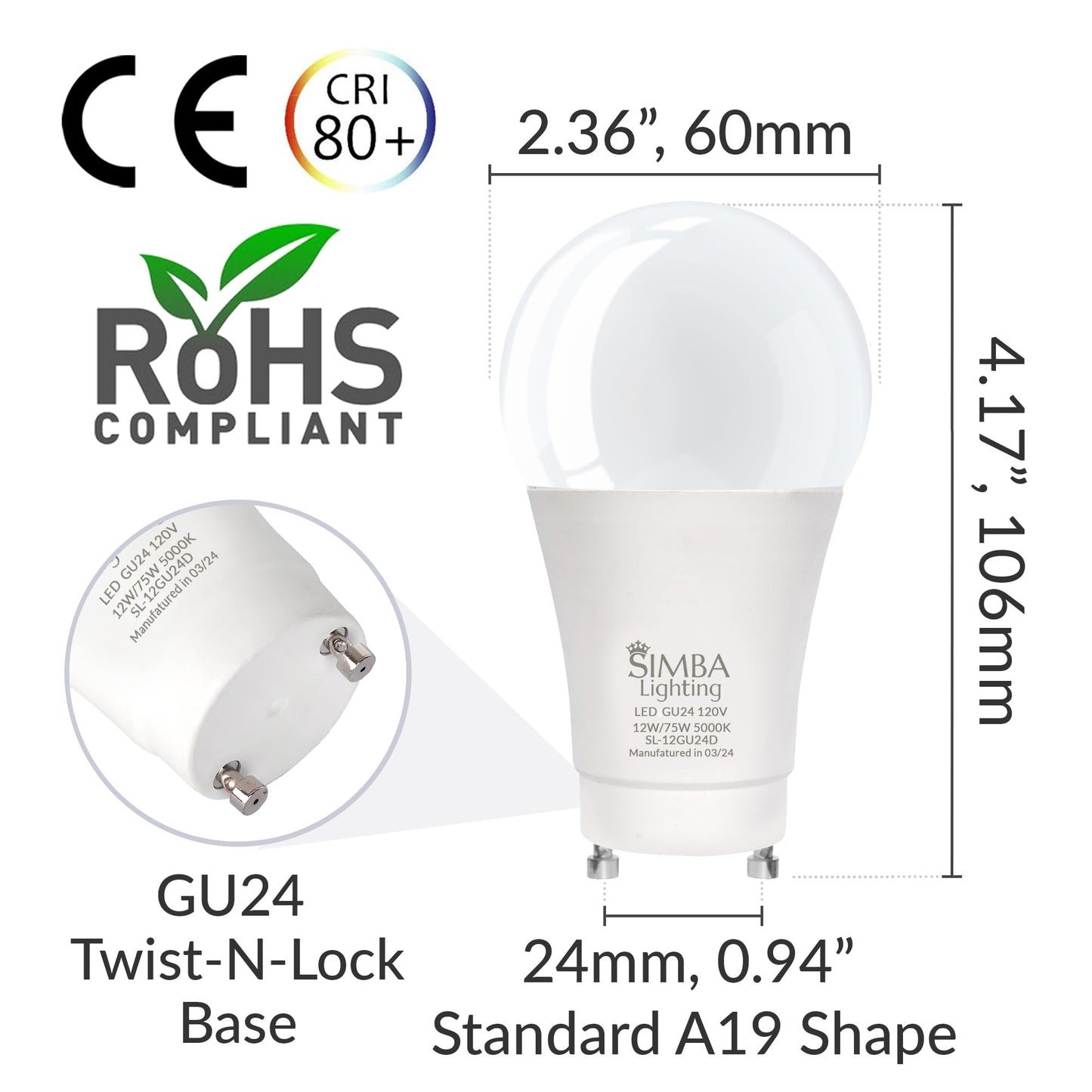 Simba Lighting LED GU24 A19 12W 120V Bulb Twist and Lock Base 5000K, 4 Pack