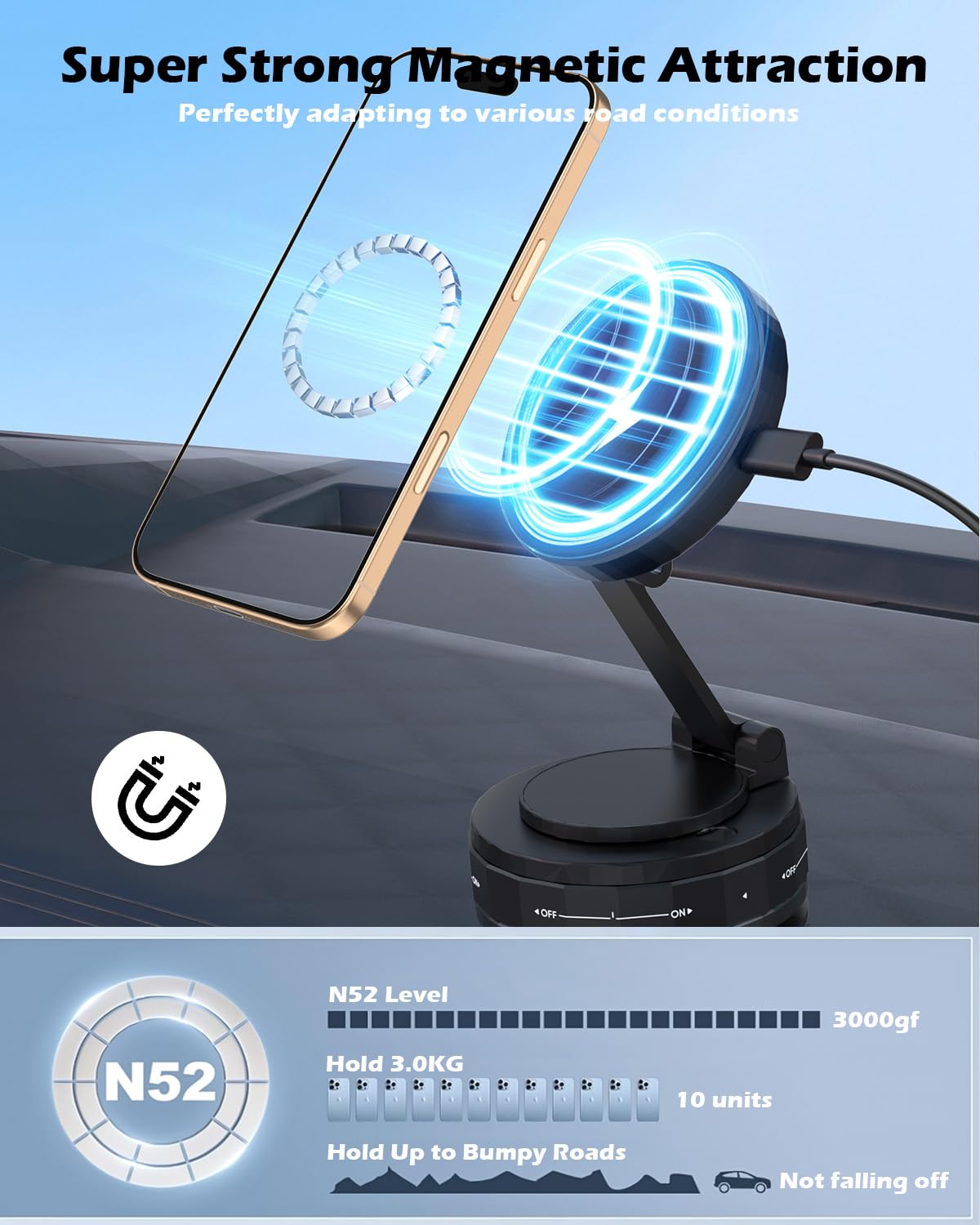 15W Magnetic Wireless Car Charger ,Mag Safe Car Mount Charger Fast Magnet iPhone Charging 360°Adjustable Phone Holder with Stronger Magnetic & Suction