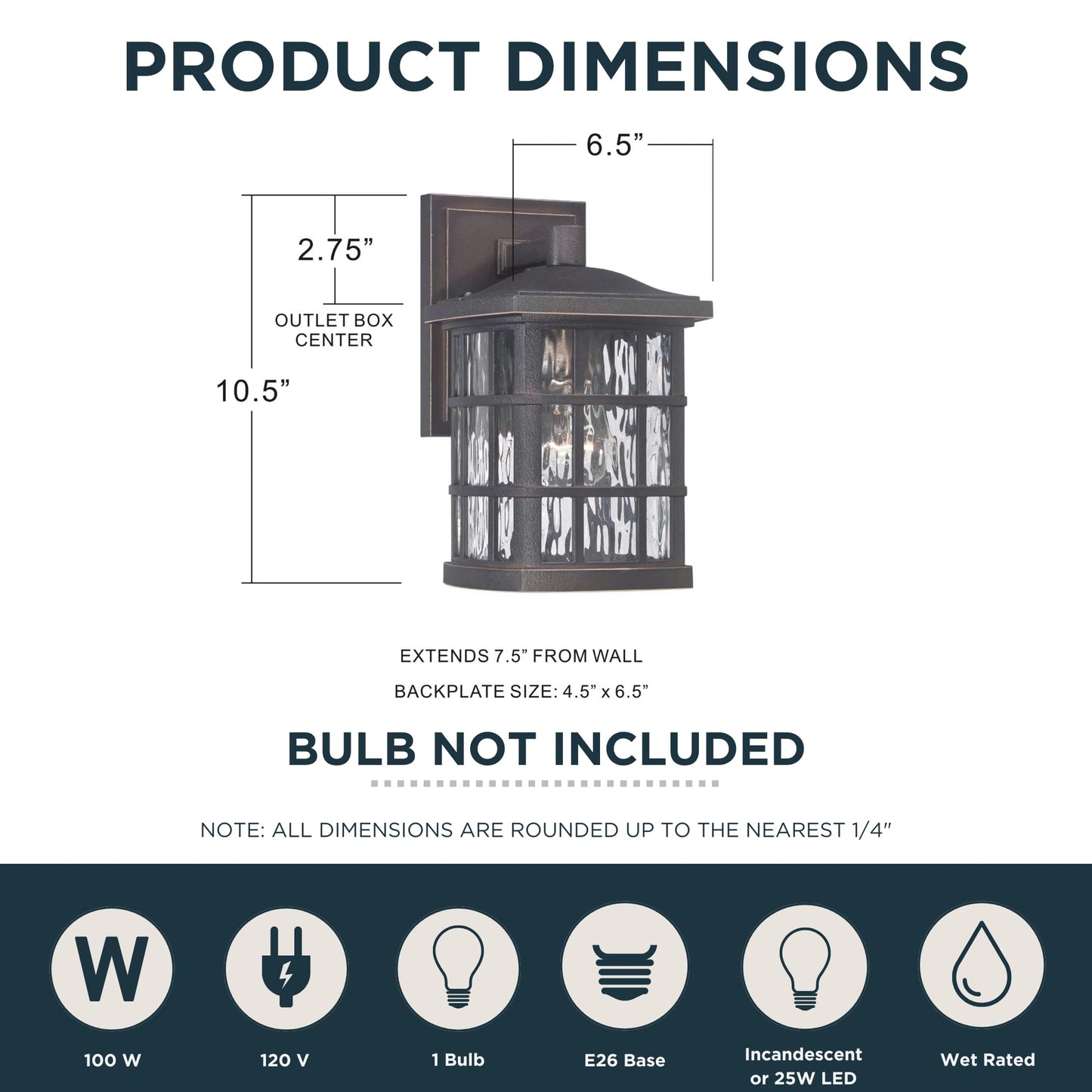 Quoizel Stonington 10.5" Mission-Style Wall Lantern, 1-Light, Palladian Bronze Coastal Armour, Clear Water Glass, ETL Wet Rated