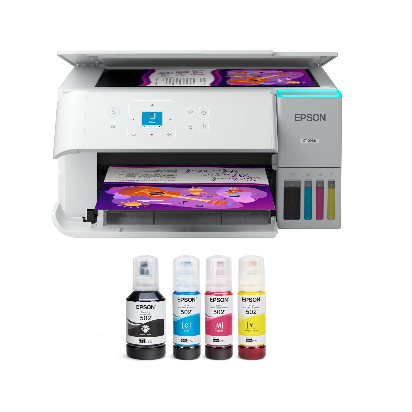 Epson EcoTank ET-2988 Wireless All-in-One Color Supertank Printer with up to 3 Years of Ink, Refillable Tanks, Perfect for Home, 15 PPM, 1.44" Color